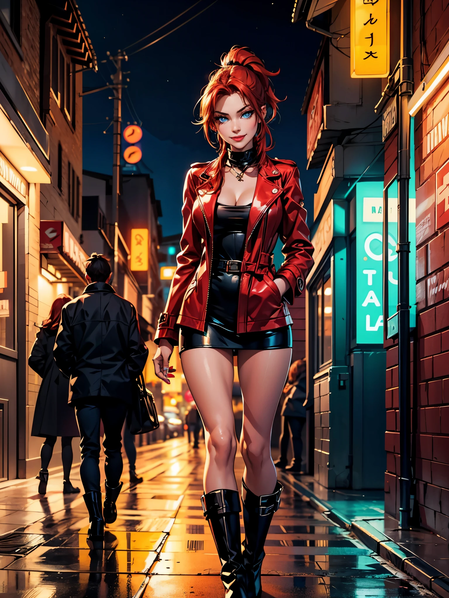A beautiful redhead with a ponytail, in elegant black boots, elegant, beautiful female red coat, red painted nails, blue eyes, Beautiful woman, modern day alley in background, neon lights, night smirk, sultry look, seductive,