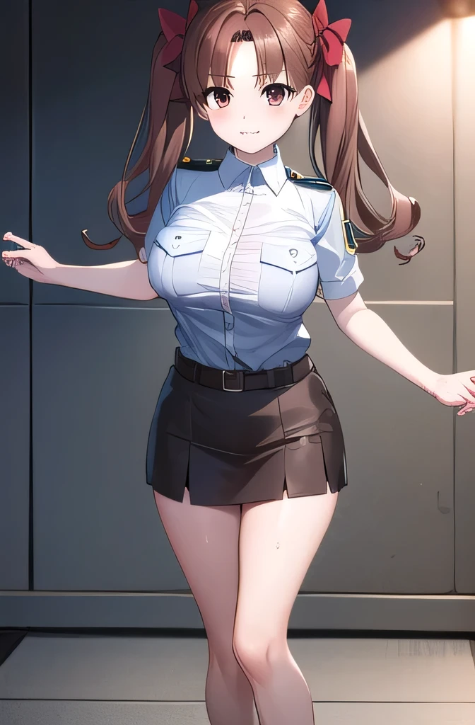 kurokoshirai, kuroko shirai, brown hair, long hair, (parted bangs:1.5), (brown eyes:1.7), Ringlet, twin tails, hair bow, bow, red bow, (big breasts:1.5),
break,Wearing a miniskirt police uniform:1.2、twin tails、
break looking at viewer, whole body,
Break in my dorm room、
break (masterpiece:1.2), highest quality, High resolution, unity 8k wallpaper, (shape:0.8), (fine and beautiful eyes:1.6), highly detailed face, perfect lighting, Very detailed CG, (perfect hands, perfect anatomy),blush:1.3、sweat on face:1.5、Standing still、Grinning mouth、Sweaty、Full body portrait、Hollow Eyes