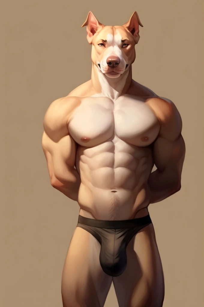 Solo, Furry, Anthro, Pitbull, Male, E621, Standing, Muscular, Hands behind back, Wearing underwear, Giant Penis marking in underwear, Plain background, Front view, By bebebebebe
