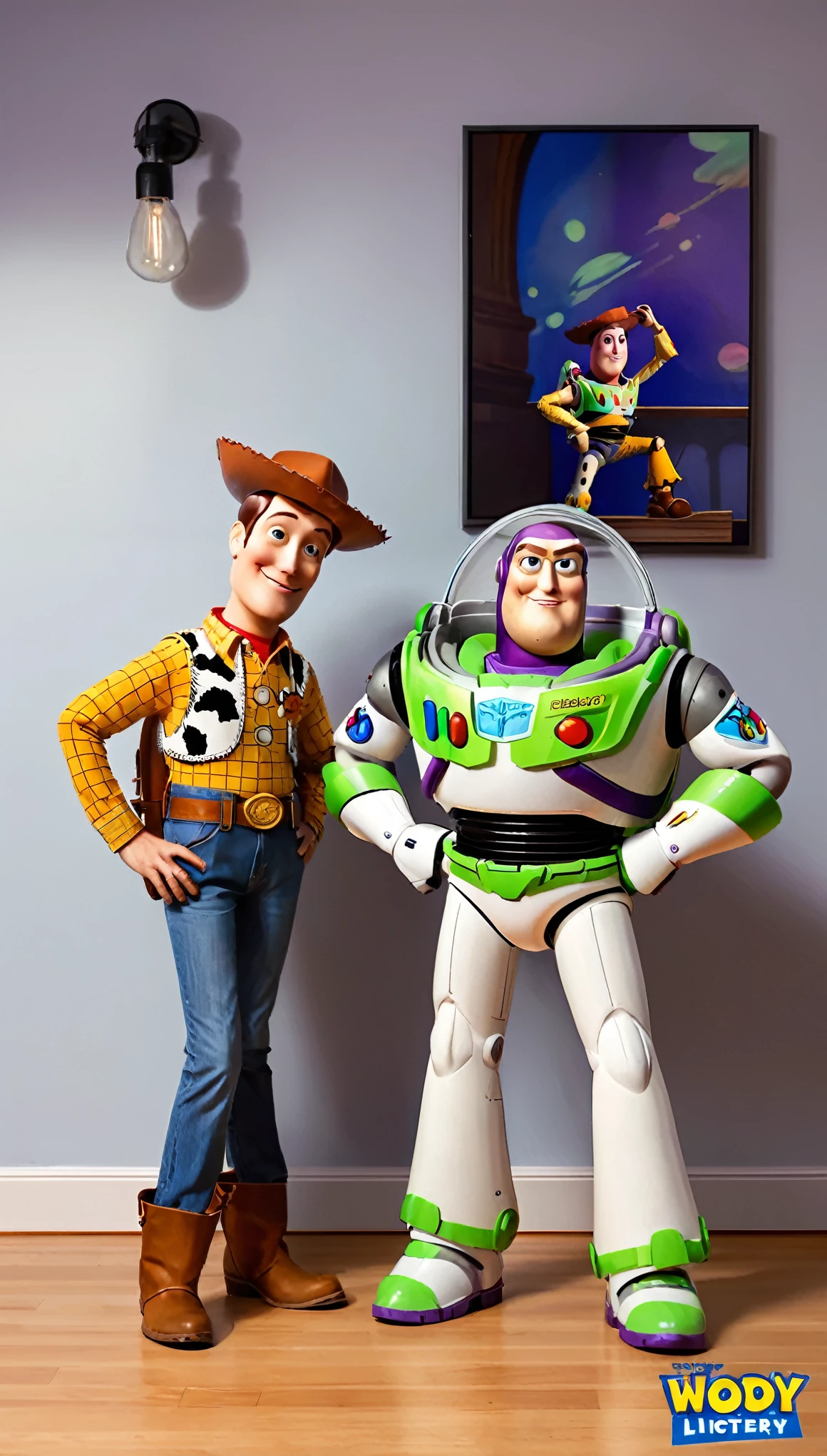 Couple Photo, fullbody, full body,A group photo of Woody and (Buzz Lightyear), capturing high-definition details, realistic color expression, delicate transitions of light and shadow effects, sharp and clear focus areas, natural and realistic environmental lighting, prominent texture of different materials, and distinct depth of field effects, ultimately presenting a realistic photo style painting, (masterpiece, best quality:1.2),8K, extremly detailed