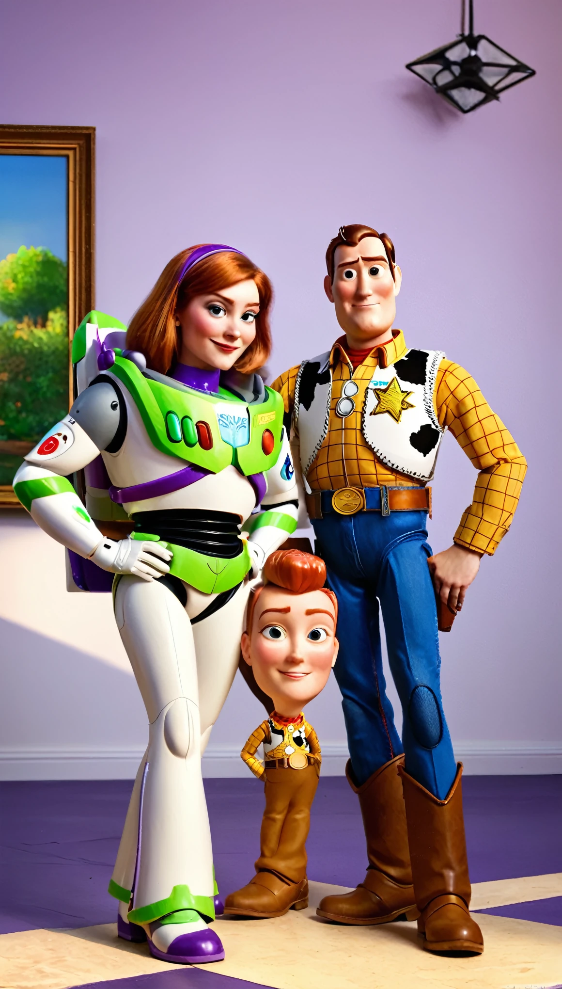 Couple Photo, fullbody, full body,A group photo of Woody and (Buzz Lightyear), capturing high-definition details, realistic color expression, delicate transitions of light and shadow effects, sharp and clear focus areas, natural and realistic environmental lighting, prominent texture of different materials, and distinct depth of field effects, ultimately presenting a realistic photo style painting, (masterpiece, best quality:1.2),8K, extremly detailed