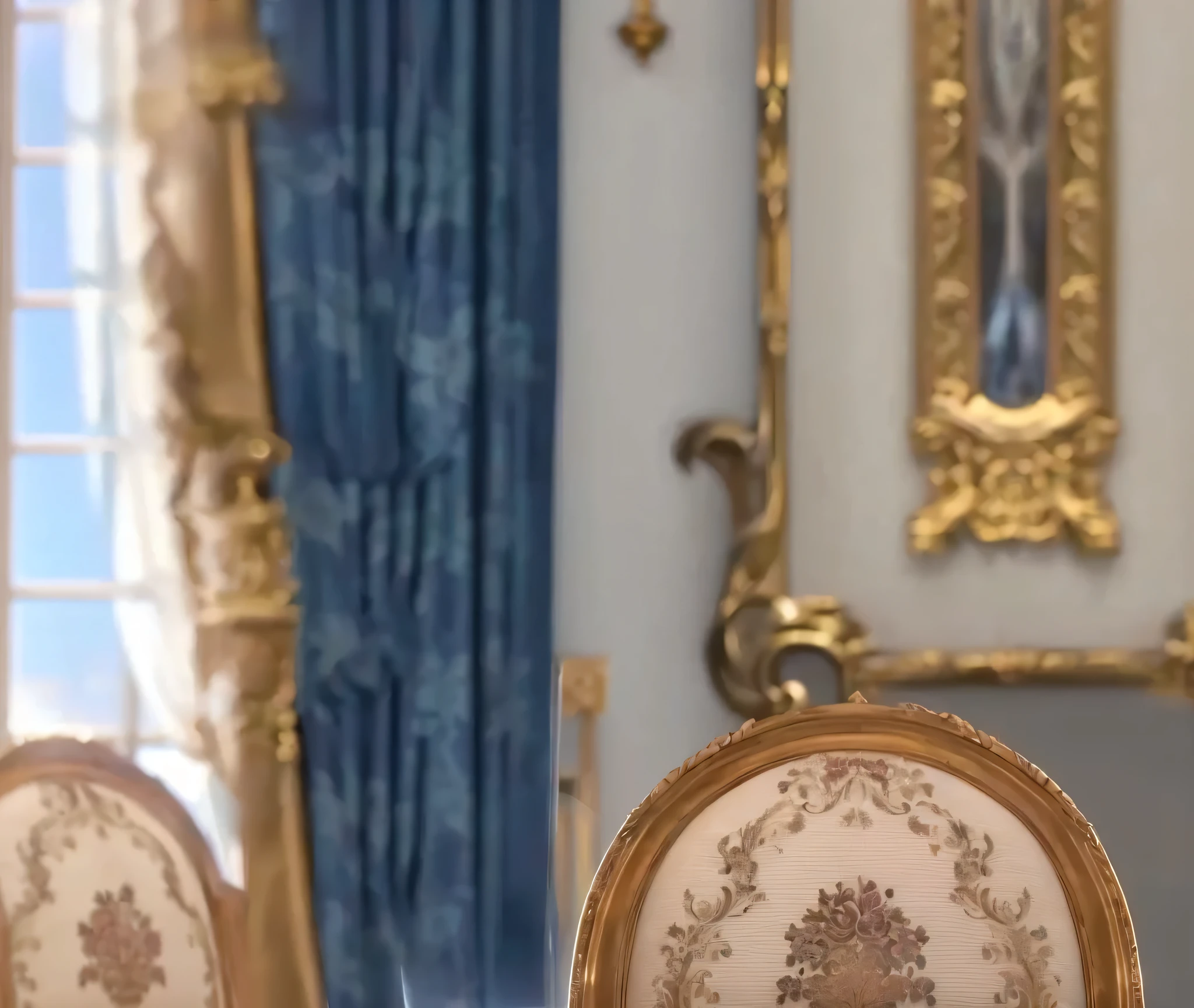 There is a table,There is a vase and a plate of food on it, Fancy drapery on furniture, Rococo details, Baroque and Rococo style decorations, Rococo decoration, Rococo style, Rococo style, Gorgeous gilded details, Art Nouveau octane rendering, Gorgeous and elegant, Elegant and gorgeous, Rococo elements, Beautifully designed throne room