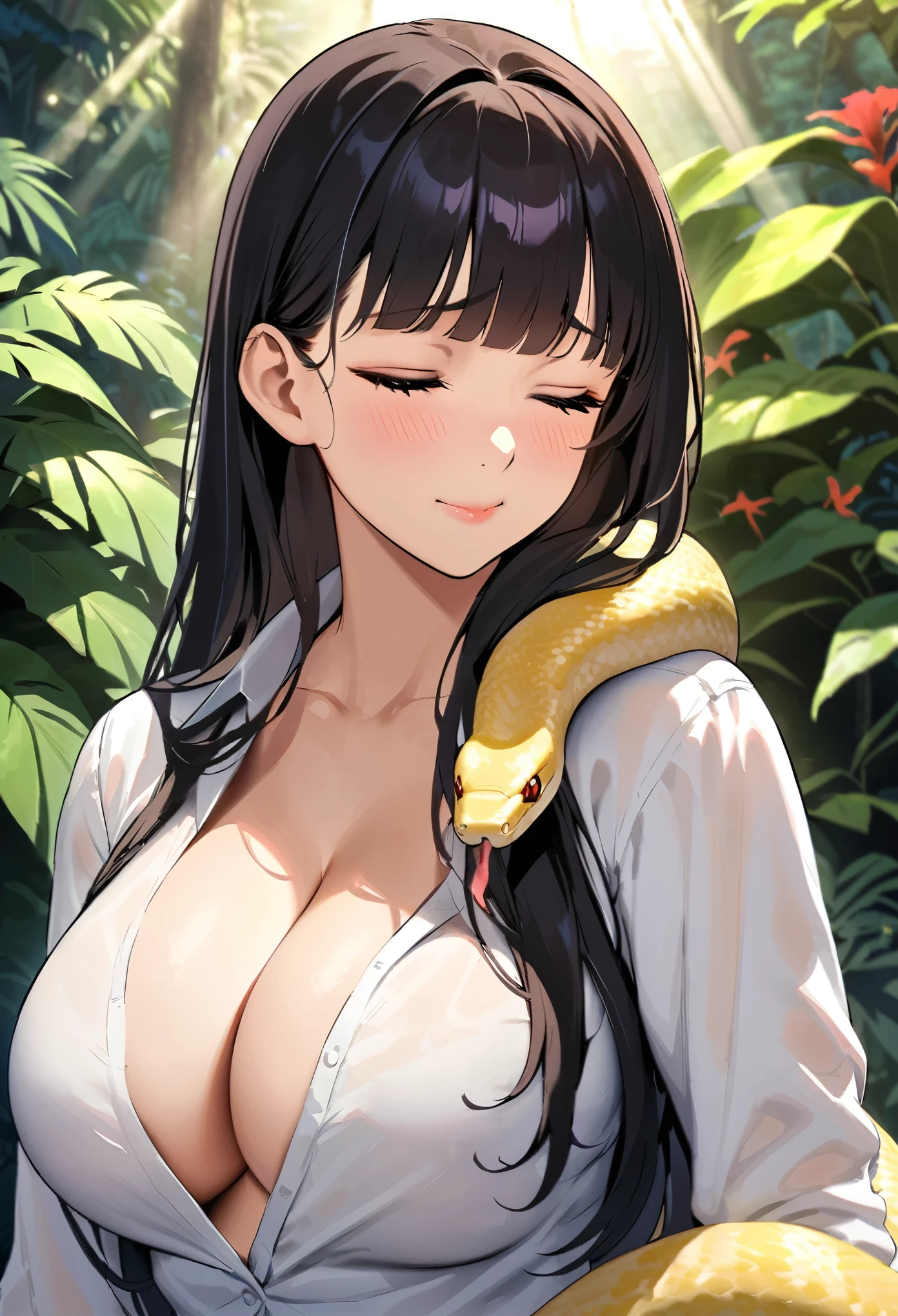 Fine and smooth long hair,Neat but loose bangs,Beauty and snakes,Golden python on the body,smooth snake,(Python clings to skin:1.08),Upper Body,(Open shirt,Tie a button:0.8),Licking his lips,Close your eyes,Hollywood special effects,masterpiece,European beauties under soft light effect,(Cleavage:0.9),HD Wallpapers,Background blur,Tropical rainforest background,warm feeling
