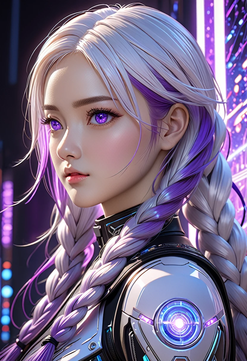 detailed portrait of two secret agent lovers, man and woman standing standing side by side looking at the viewer, yinji, purple hair, purple eyes, long hair, white hair, double braids, gradient hair, highly detailed, intricate machinery, glossy metal skin, glowing blue lights, complex circuitry, futuristic technology, edge light, dramatic lighting, beautiful starry background, octane rendering, cool, personality, brave, realistic 3D render, cinematic composition, award winning digital art, best quality, masterpiece, illustrations, very exquisite and beautiful, very detailed, CG, unity, wallpaper, stunning, exquisite details
