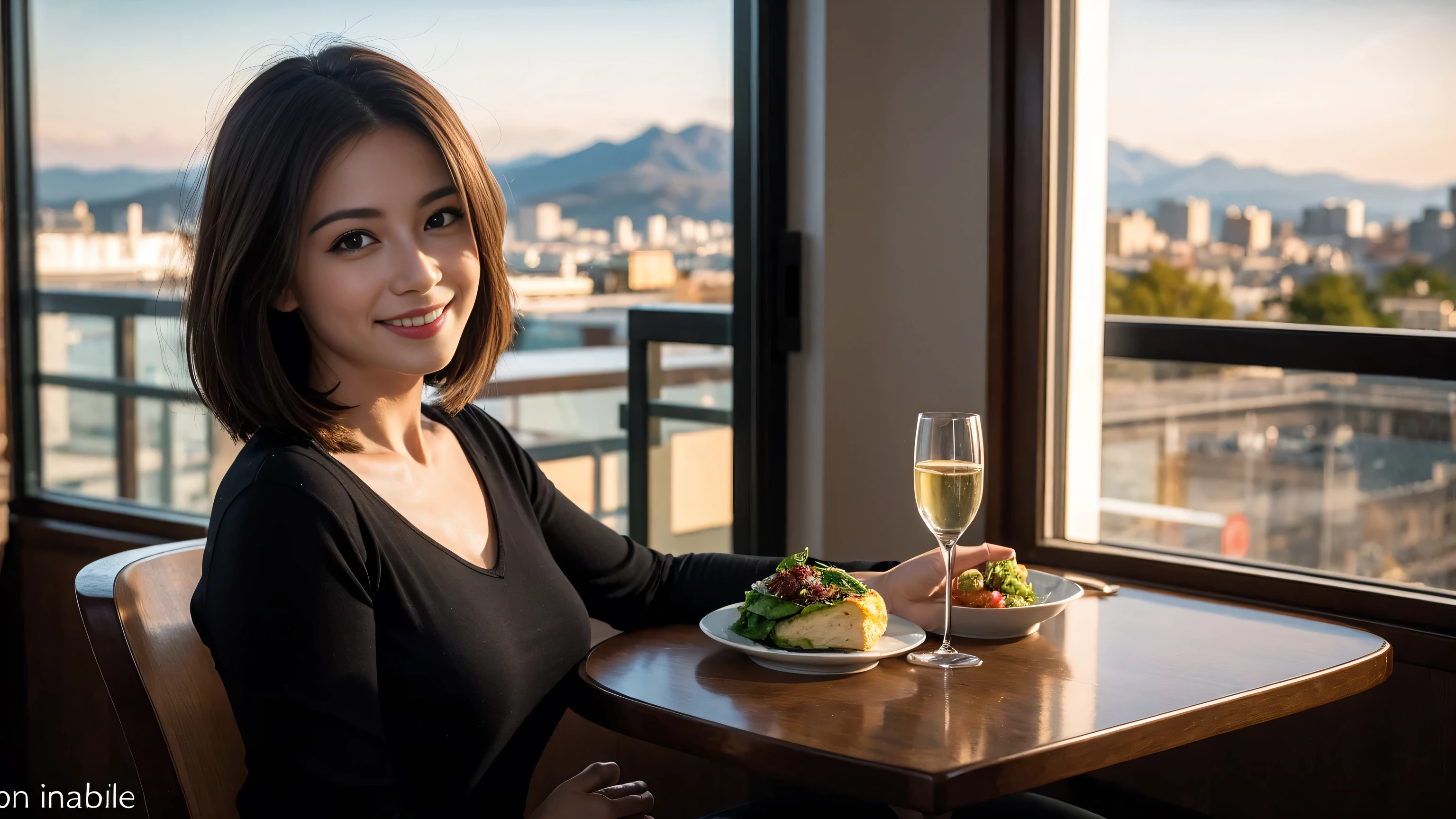 ((highest quality、8k、masterpiece:1.3))、Sharp focus:1.2、Beautiful woman perfect body:1.4、Slim body、((Bob Hale、Straight hair:1.2))、(to be born, highest quality, masterpiece:1.5), (Realistic, Intricate details:1.2), Ultra-high resolution, Put the light on your face、Amazing view of the sunset sky and clouds、Amazing mountain views、A bright smile、wine glass、red wine 、Appetizers、Italian food、Wine bottle、Champagne、sparkling wine、, Beautiful Face, blue eyes, The light shines on your face, Blushing, short hair,Bright Face、Fox face、 (42 years old), 40 years old, Lady、Two beauties、Brown Hair、Shortcuts、Long sleeve shirt、dress、Pretty Woman 1, (Slim face), (The body is slim), (Brown Hair), (Shortcuts), cheeks turn a little red,Attractive beauty、, Out of the window, A beautiful and detailed night view unfolds.........., restaurant, In a prominent place (From the waist up) Nova Frog Style, actress, model, Upper Body, White wine, slim, wine glass, Wine glass placed in the center, smile, (smile: 1.15), Beautiful fine grain, Depth f/2,saturation, High Contrast, Strong light and shadow,Moist Body:1.5、3D texture、Delicate eyes、Brown Hair、The hair is very shiny、