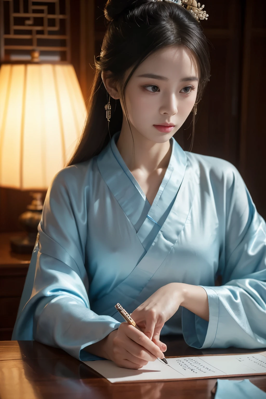 (goddess-like sorrowful:1.2), Ancient Chinese Style, 1girl, crying, be full of tears, long hair, Chinese Bun, The hair is neatly tied up, At the Chinese desk, writing brush, Chinese calligraphy, elegant, stunning, gorgeous, vivid, masterpiece, glamorous, realistic, aesthetic, depth of field, Best quality, masterpiece, ultra high res, photorealistic, raw photobest ratio, cinematic lighting, Chinese Style, Light blue hanfu, (RAW photo:1.2), (photorealistic:1.4), (masterpiece:1.3), (intricate details:1.2), A sad Chinese beauty is writing a letter with a quill pen at her desk, her tears streaming out of her eyes