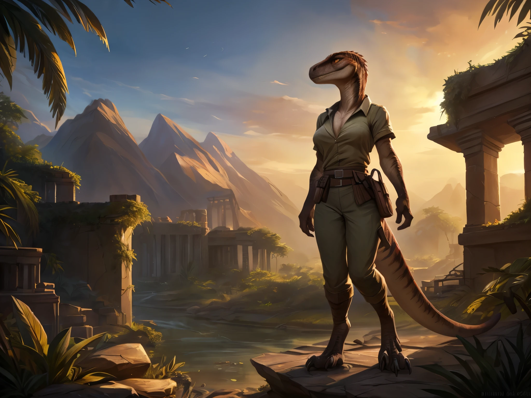 uploaded on e621,by hioshiru, by zaush, by Einshelm, ((Portrait)), BREAK, (detailed Bonifasko lighting), (Detailed fur), (detailed skin), BREAK, (Cinematic lighting), ((Detailed background)), (half body shadow), [Backlighting], [crepuscular ray], [Detailed ambient light], [gray natural lighting], [ambient light on the belly], (higher wildlife feral detail), [explict content], [sharp-focus], (????????????????????), (shaded), ((Masterpiece), furry fantasy art, anthro art, commission for high res, Furry art, Masterpiece, Best Quality, Detailed image, Bright colors, Detailed Face, perfect lighting, Perfect shadows, Perfect eyes, toned body, dark red and brown body, two toned markings, red crest, 1girl, full body, (Masterpiece:1.2), (Best Quality:1.2), (illustartion:1.2), (Cinematic lighting:1.3), Detailed skin, Balanced coloring, Global Illumination, Ray Tracing, good lighting, solo female, (female), ((raptor)), (utahraptor), dromaeosaurid, dinosaur, therapod, ((feathered)), feathered body, thick tail, feathered tail, anthro, attractive body, realistic hands, jungle river, ruins, evening, campfire, digitigrade legs, paws, full body portrait, slim body, skinny, gold eyes, khaki pants, buttoned shirt, shirt, leather belt, leather holster, pistol in holster, modest breasts, raptor foot claw, sitting on a stone wall, grinning, 1940's style, WWII propaganda poster style