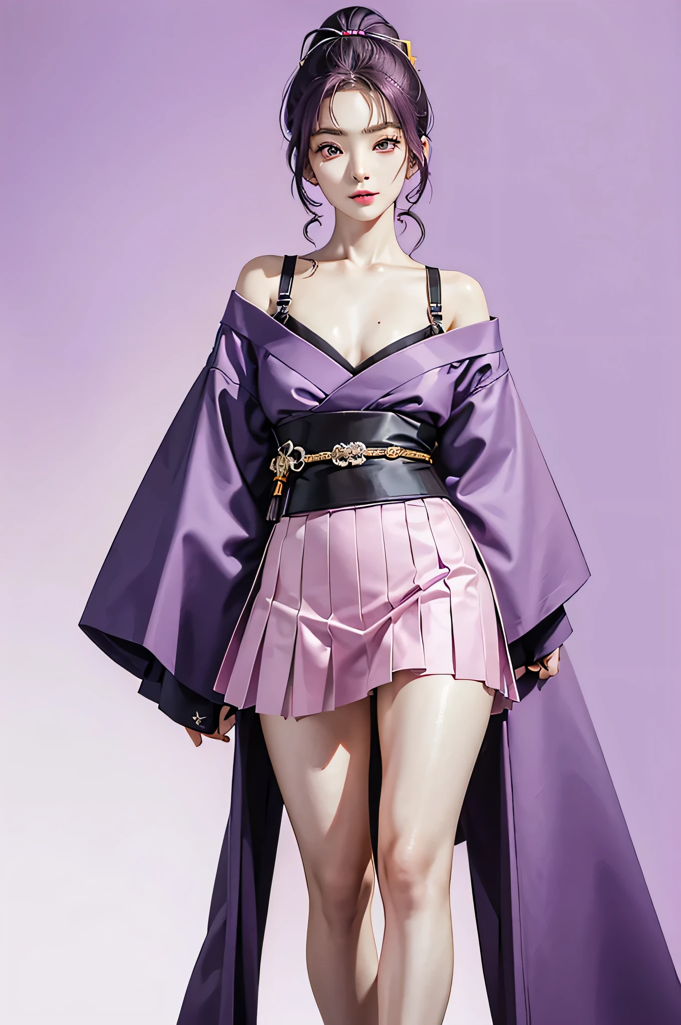 (Finest quality)),(A high resolution),(ultra-detailed art),(Meticulous portrayal),((Best Anime)),(Finest works of
art),sharpness,Clear,Ultra-Precision Art,The art of astounding depiction,(masterpiece),
short Hair ponytail, short ponytail, purple hair, vibrant purple hair, extremely detailed hair, detailed bangs, with bangs,
pretty face, beautiful lips, soft lips,pretty face, close up face,serious face, pretty nose, beautiful nose,
pretty eyes, beautiful eyes, detailed eyes, perfect eyes, green eyes,
happy, jolly, smiling,
clear skin,white skin, soft skin, small bust, small breasts, smooth skin,
korean girl, korean beauty, irene, red velvet irene,
purple skirt, detailed purple skirt, purple mini skirt, female samurai clothes, female samurai top, ronin clothes, japanese hakama, samurai, ronin, bra, kimono, long clothes until arms,
cool pose, full body, detailed thighs, detailed legs,
super high-angle shot, no background,looking at camera,