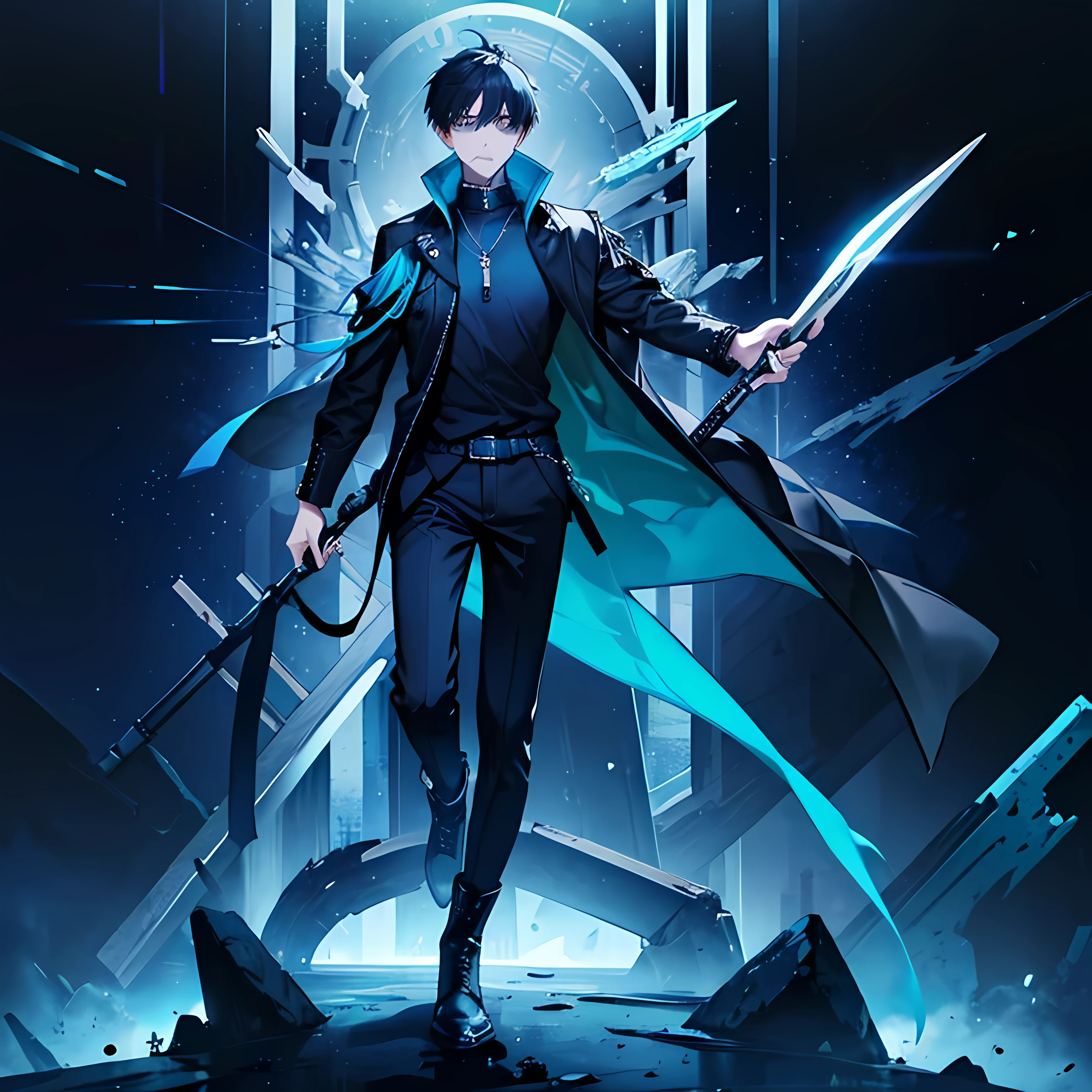 high resolution、high quality、Man Standing、whole body、tall、Long legs、Navy blue short hair tied back、With sharp blue-green eyes、Black hoodie、Black boots、Earrings and necklaces、belt、Slender、Listless