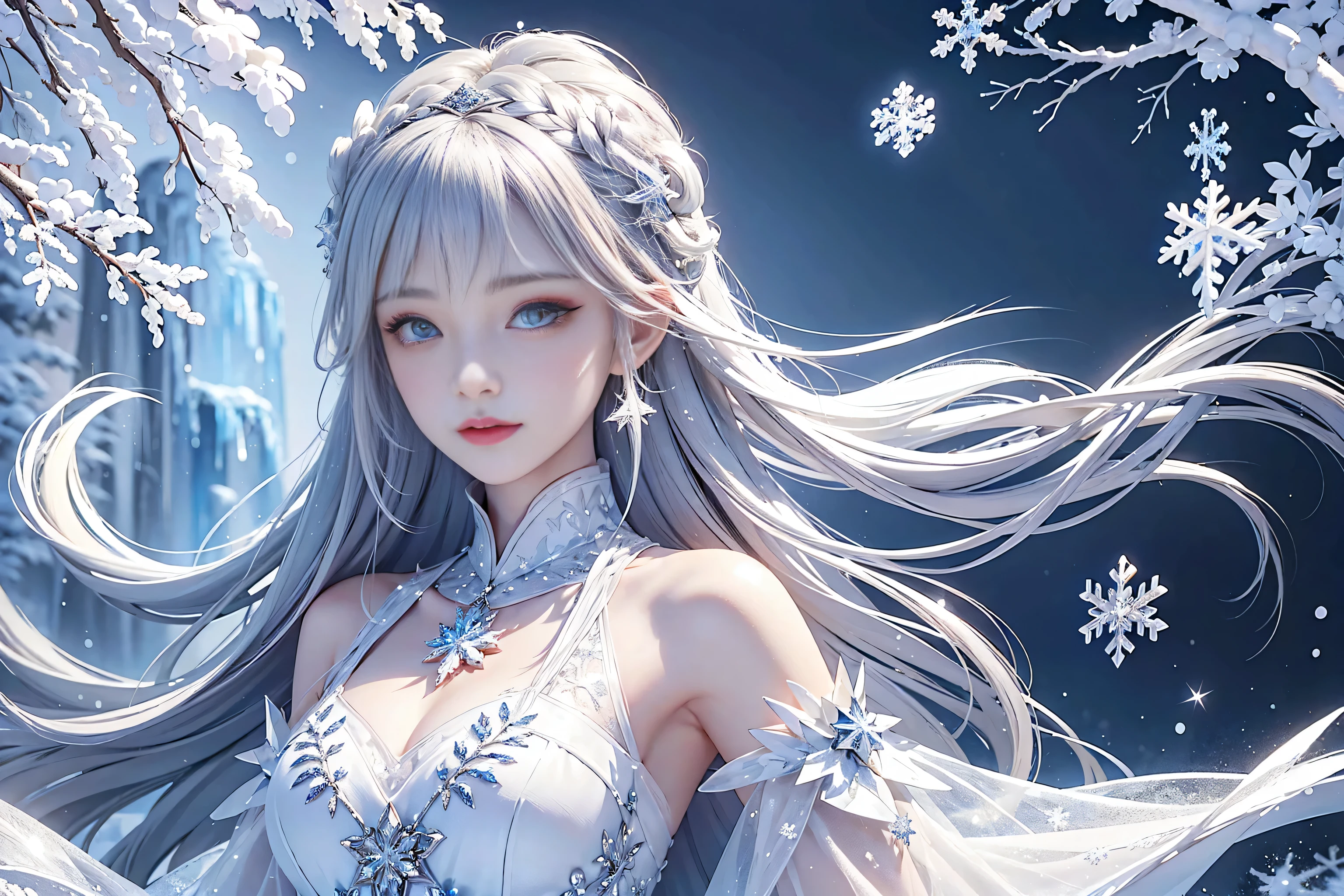 wood, Exquisite mini ice spikes and crystals, A frozen waterfall in the background, Light reflected by ice crystals, Flowing snowflakes.Beautiful woman、Gray Hair、pretty girl,2.5D illustration,
