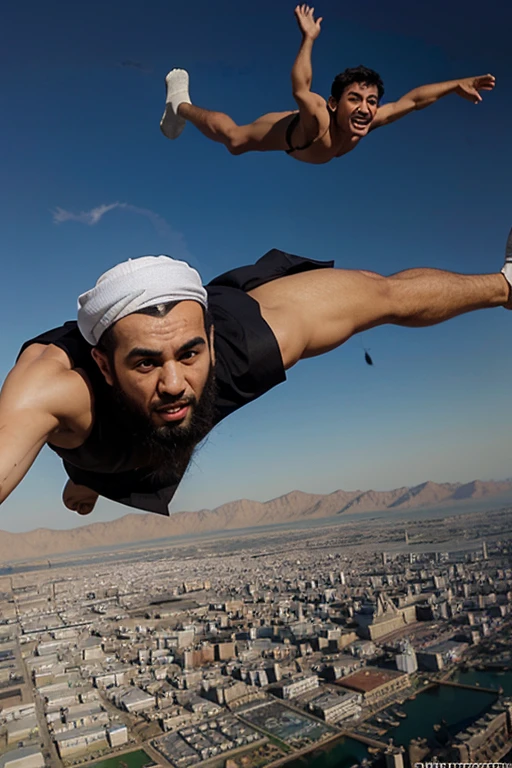 Islamic Prophet Muhammad Nabi and Allah flying in the air, face of the Allah and Muhammad Nabi should be clear, it's must be like a comic image.