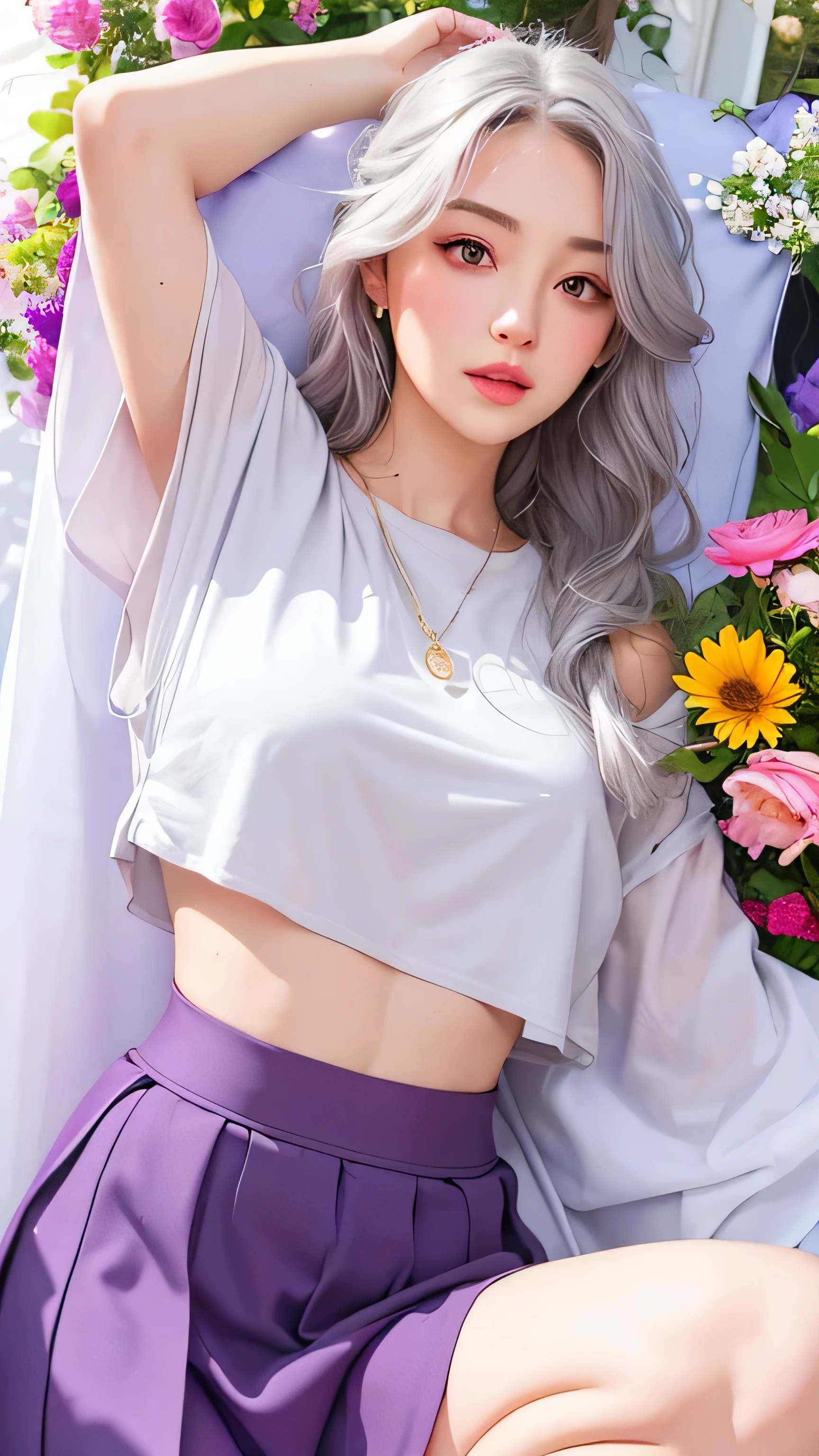 realistic, 1 girl, gray hair, purple eyes, shining eyes, crop top, skirt, parted lips, blush, night, flowers, sun, sunlight,