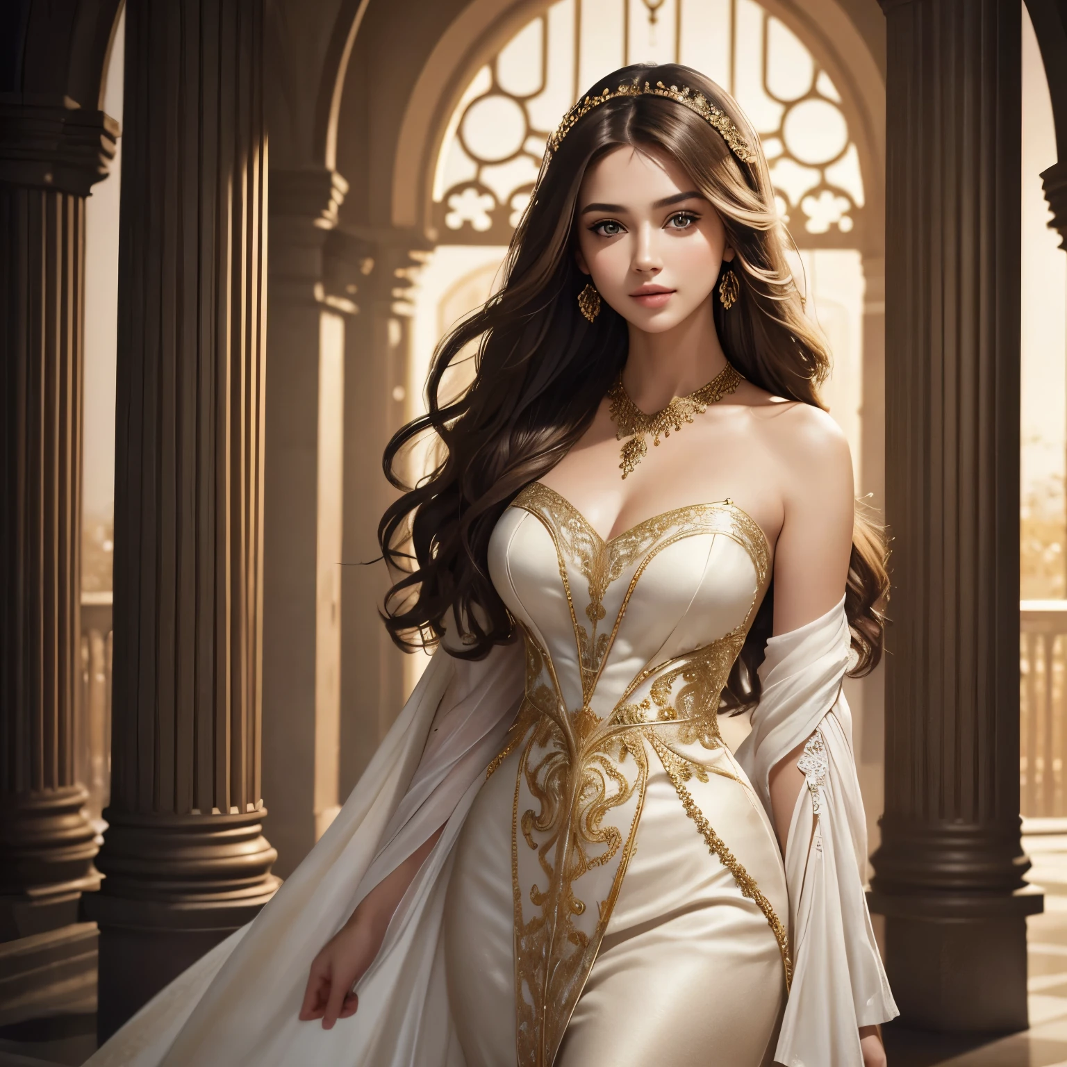 Imagine a breathtaking raw photo image skillfully utilizing the unique characteristics of a single-focus lens to portray the ethereal transparency of a female model. Employing a narrow depth of field, the image seamlessly captures the subject in crisp focus while delicately blurring the surroundings. Each fine detail, from the strands of her hair to the subtle contours of her skin, is meticulously highlighted. The lens creates a mesmerizing bokeh effect, enhancing the sense of depth and accentuating the model's graceful form. This hyper-realistic portrayal not only leverages the technical prowess of a single-focus lens but also accentuates the elusive quality of transparency, resulting in an artful fusion of precision and ethereal beauty. BREAK, beautiful 22 year old girl, full body, dark brown eyes, detailed eyes, detailed iris, detailed face, brown hair color, beautiful hair, big smile(looking at viewer), wearing a beautiful white gown with gold trim, standing in front of a large archway, bathed in a golden light, body, dynamic poses, intricate details, depth of field, (detailed face:1.2), (detailed eyes:1.2), (detailed background), (gradients), colorful, detailed landscape, visual key, shiny skin. Action camera. Portrait film. Standard lens. Golden hour lighting. sharp focus, 8k, UHD, high quality, intricate detailed, highly detailed, hyper-realistic Channel a cute and sexy look, creating a dramatic and captivating silhouette,(Very beautiful cute face :1.2), looking at the viewer,1girl, girl, ((centered image)), ,More Detail,leonardo,Masterpiece,