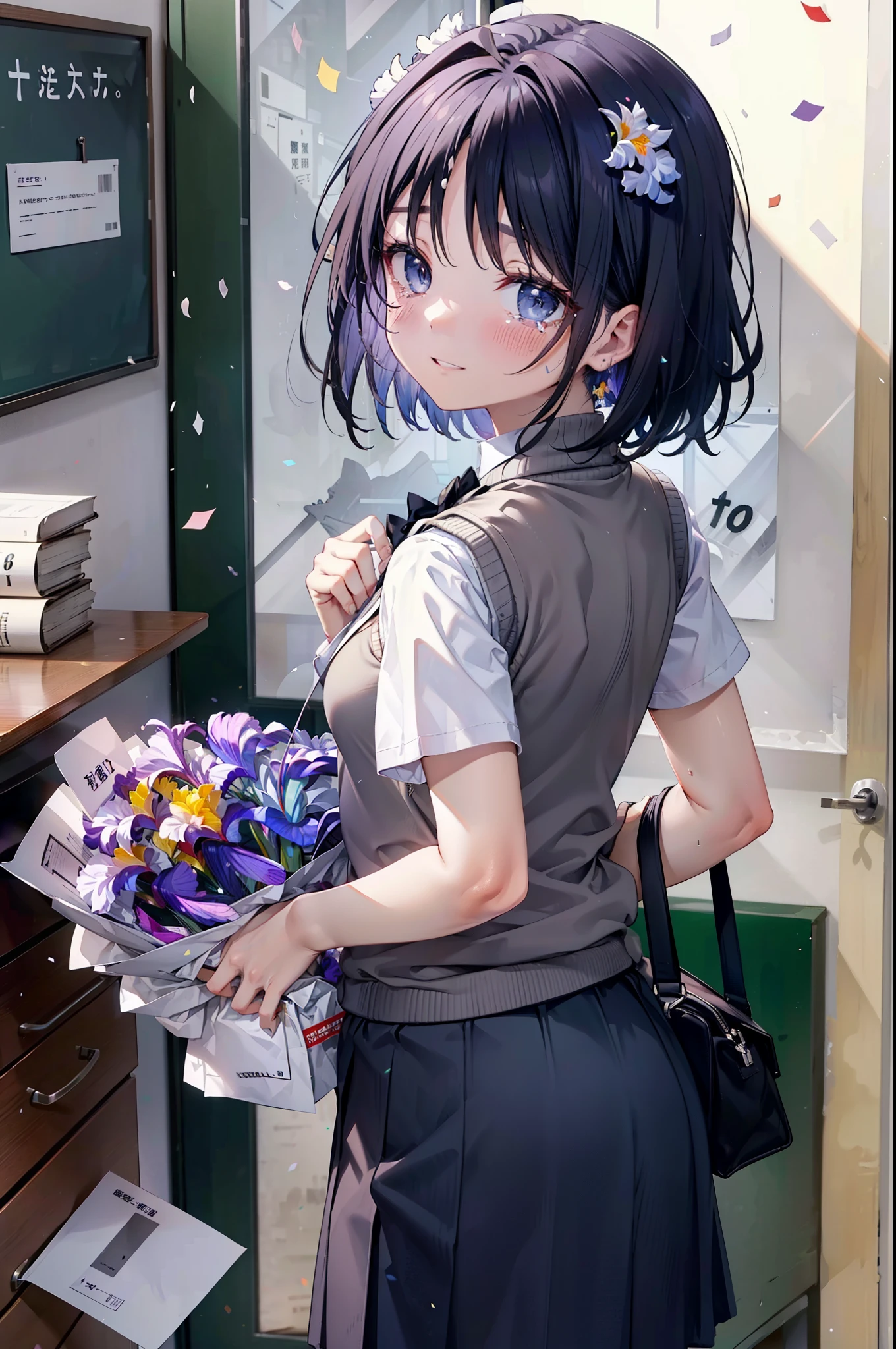yuukikonno, Yuki Konno,Black Hair,short hair,Bob Hair ,Green headband,(iris:1.5), (Small breasts:1.2), smile,break skirt, shirt, bow, ribbon, , white shirt, Short sleeve, Pleated skirt, collared shirt, mini skirt, bowtie, 茶色のloafers , Black Skirt, Black Pantyhose, loafers, black bow, Sweater vest, (back Sweater vest:1.5),Tears stream down her face,Tears of joy,I cry a lot,whole bodyがイラストに入るように,holding a large bouquet of flowers in both hands,Confetti,
break indoors,  School,classroom,
break looking at viewer, whole body,
break (masterpiece:1.2), highest quality, High resolution, unity 8k wallpaper, (shape:0.8), (Beautiful details:1.6), Highly detailed face, Perfect lighting, Highly detailed CG, (Perfect hands, Perfect Anatomy),