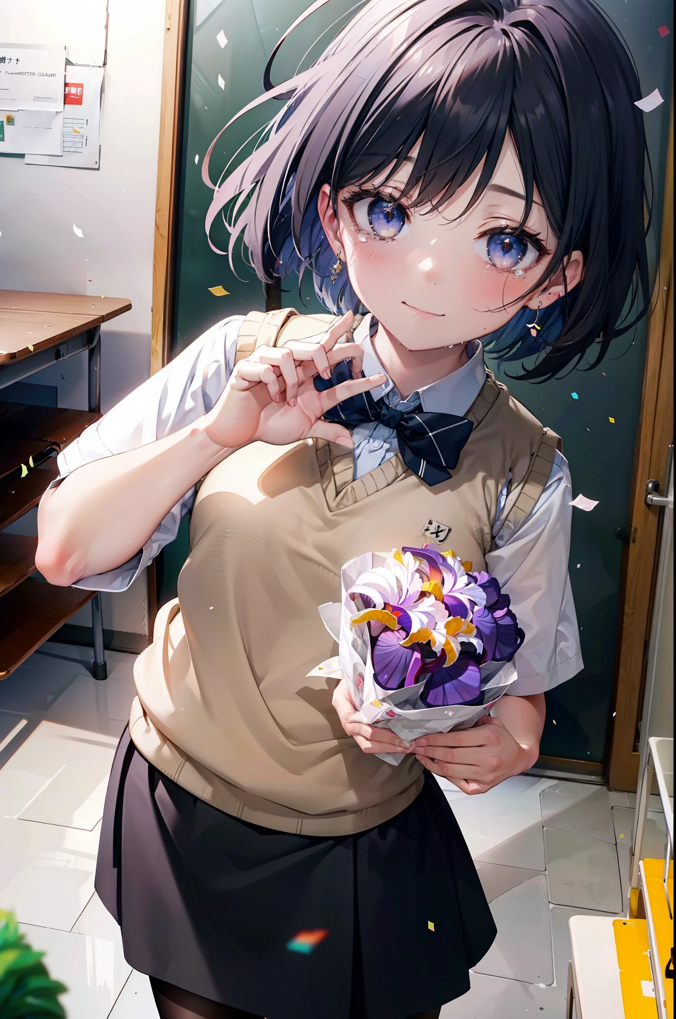 yuukikonno, Yuki Konno,Black Hair,short hair,Bob Hair ,Green headband,(iris:1.5), (Small breasts:1.2), smile,break skirt, shirt, bow, ribbon, , white shirt, Short sleeve, Pleated skirt, collared shirt, mini skirt, bowtie, 茶色のloafers , Black Skirt, Black Pantyhose, loafers, black bow, Sweater vest, (back Sweater vest:1.5),Tears stream down her face,Tears of joy,I cry a lot,whole bodyがイラストに入るように,holding a large bouquet of flowers in both hands,Confetti,
break indoors,  School,classroom,
break looking at viewer, whole body,
break (masterpiece:1.2), highest quality, High resolution, unity 8k wallpaper, (shape:0.8), (Beautiful details:1.6), Highly detailed face, Perfect lighting, Highly detailed CG, (Perfect hands, Perfect Anatomy),