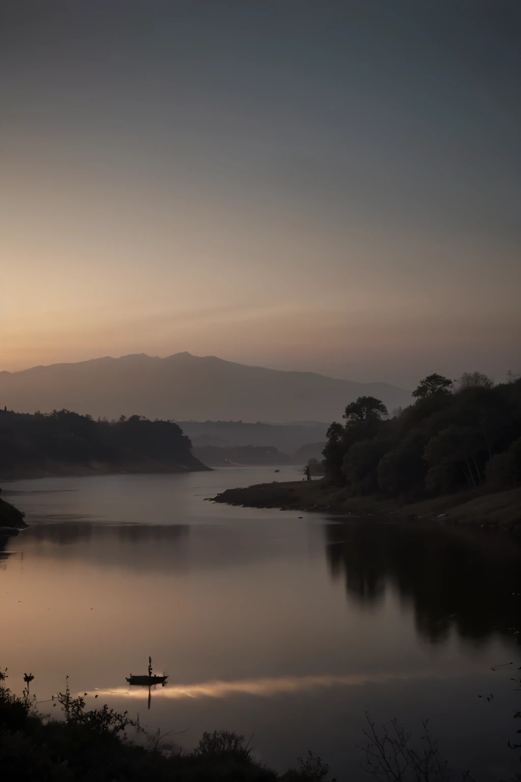 (best quality, masterpiece:1.2), detailed, Landscape, dusk, mysterious, vivid colors, soft lighting, serene atmosphere, tranquil mood, hazy silhouette, gentle brushstrokes, 