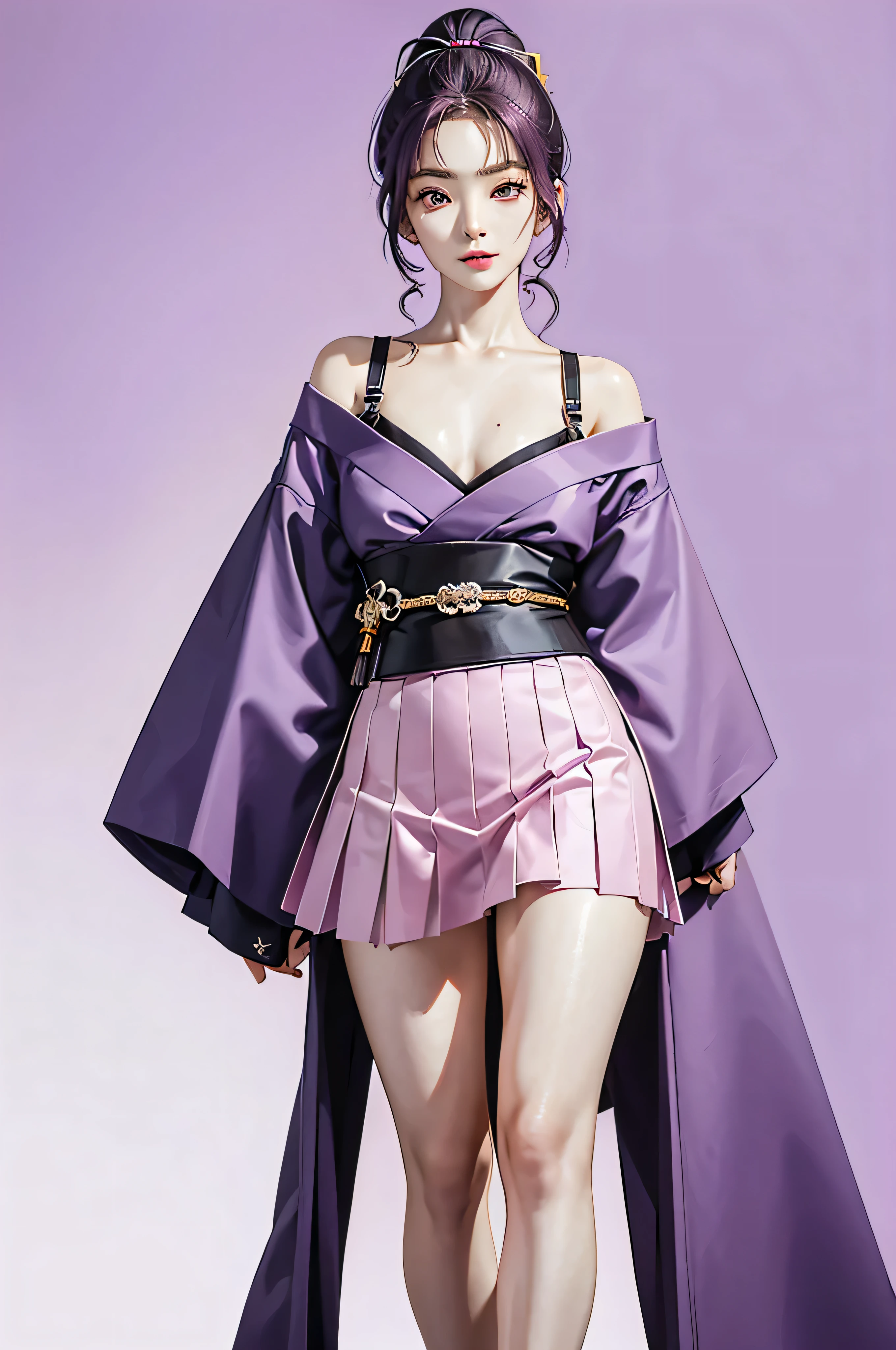 (Finest quality)),(A high resolution),(ultra-detailed art),(Meticulous portrayal),((Best Anime)),(Finest works of 

art),sharpness,Clear,Ultra-Precision Art,The art of astounding depiction,(masterpiece),

short Hair ponytail, short ponytail, purple hair, vibrant purple hair, extremely detailed hair, detailed bangs, with bangs, 
pretty face, beautiful lips, soft lips,pretty face, close up face,serious face, pretty nose, beautiful nose,
pretty eyes, beautiful eyes, detailed eyes, perfect eyes, green eyes,

happy, jolly, smiling,

clear skin,white skin, soft skin,  small bust, small breasts, smooth skin,
korean girl, korean beauty, irene, red velvet irene, 
purple skirt, detailed purple skirt, purple mini skirt, female samurai clothes, female samurai top, ronin clothes, japanese hakama,  samurai, ronin, bra, kimono, long clothes until arms,

cool pose, full body, detailed thighs, detailed legs,
super high-angle shot, no background,looking at camera,


