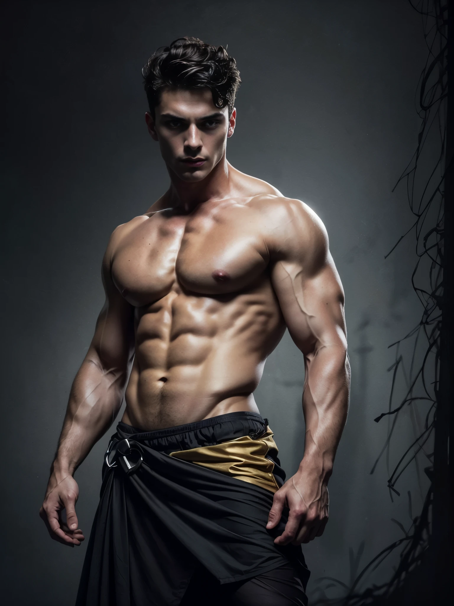 Photo-realistic, ((best quality)), ((masterpiece)), (detailed), shirtless, masculine portrait of young personification of death, 18-year-old male models, handsome, tall, cute looking, evil look, dark look, powerful, young male, handsome model, clean shave, blue eyes. (short curly messy brown hair:1.2), messy curly hair, super strong, muscular, fit, massive muscles, six pack, shirtless, bare-chested, muscle, ripped, strong body, fit body, (dark evil black death:1.4), small skirt, ( draped cloth skirt), dark plague in the background, Dark background, old world, (14th century background:1.4), 8k, high detailed, ultra-detailed, Stylish Pose, real skin texture, dark cinematic lightig