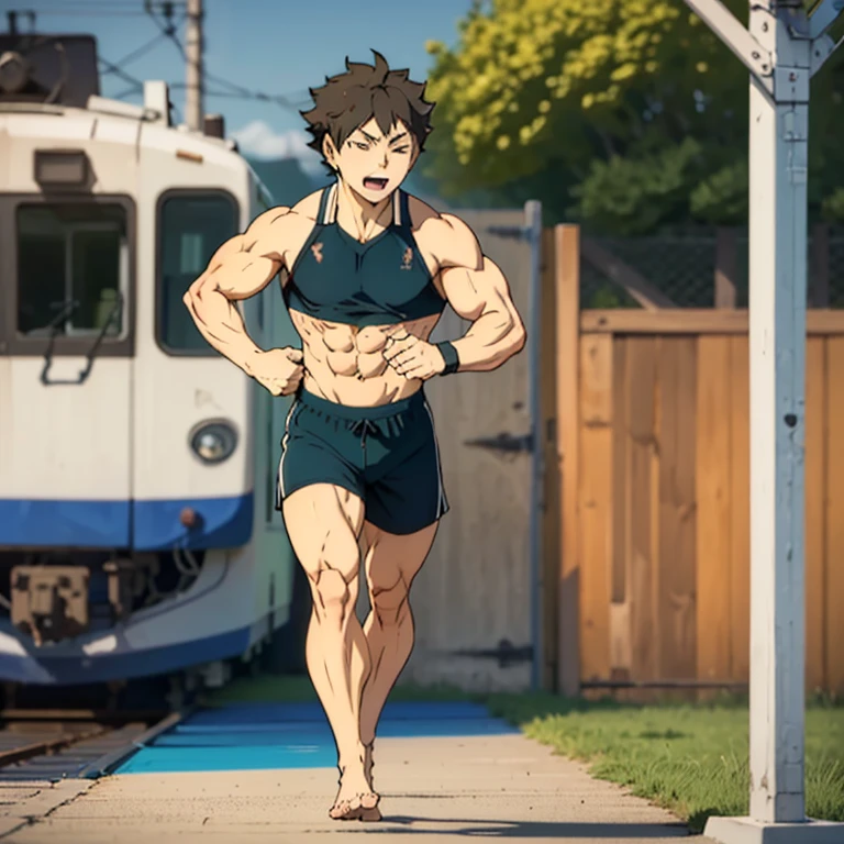 (Eine detaillierte Zeichnung von hinata, hinata ist ein ager und 14 Jth bare upper body, oiled body, he wears only shorts and is shirtless , the strongest of all, huge muscular body, big Bizeps, large shoulders, Muskelbeine,Abs, barefoot , Muskel Training, trains his muscular body on a green meadow, Full body image