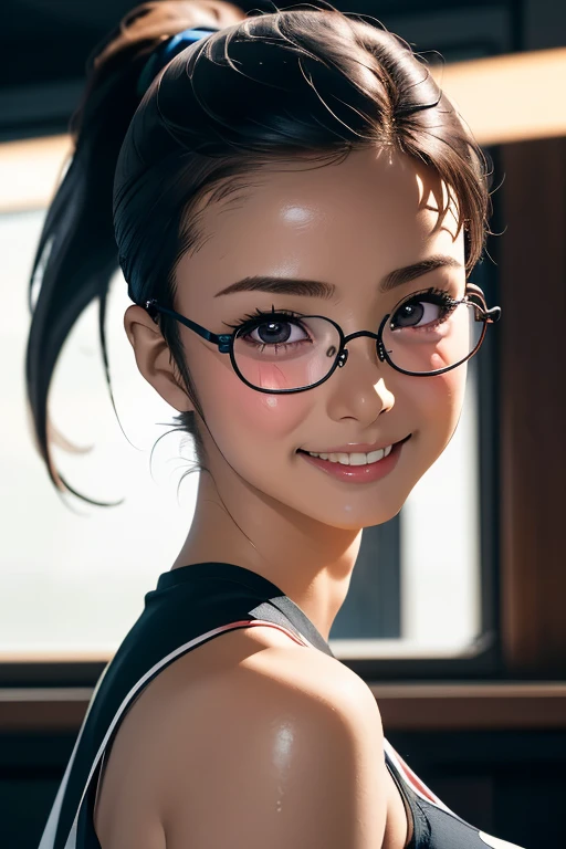 sports meetingの日、sports meeting、gallery、Students cheering、女子100 m競走、((highest quality:1.4、8k、32k、Hmph:1.3))、(An unparalleled masterpiece)、((Raw photo、realism:1.6))、Japanese girl、Outdoor,playground,Schoolyard,Schoolyard,(physical education:1.3),(Per class:1.3)Girl smiling at the camera、Dynamic Pose、(sports meetingの日、100 m走、running)、Dynamic Angle、School gym clothes、Bloomers、(Huge boobs:0.5、thin abdomen、The lower body is thin)、Ulzzang-6500-v1.1、age Girls、Ultra detailed face、Detailed eyes、Round face、Baby Face、Detailed Iris、double eyelid、(((Glasses、Long black hair、High up ponytail)))、Photon Mapping、Detailed skin texture、100 m,head to feet:1.5,