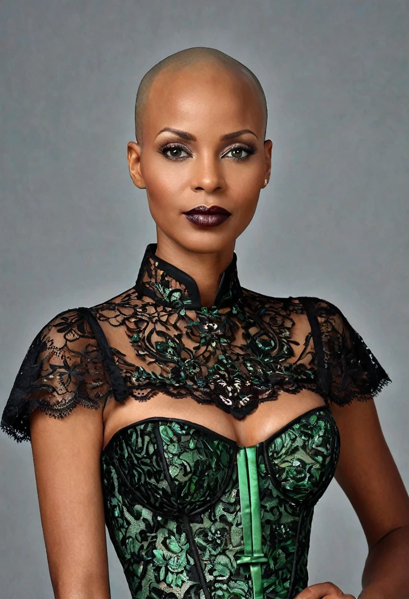 (((Femme noir africaine chauve, Bare head, bald head, peau couleur ébène noir intense et profond, peau parfaite, bald head, femme chauve, crane parfait, en mouvement, marche, full body, intelligente, finely embroidered lace bustier))), ((best quality, extremely detailed:1.8, hyperRéaliste:1.5, photorealistic:1.5, grande profondeur de champ, vue de face, very beautiful 35 year old woman, Prise de vue en direct, robe tailleur de directrice)), ((femme debout, she has a serious pose, bustier, dentelles fines et délicates)), ((detailed black bald african woman face looking at camera, yeux verts claire électrique, cheffe d'entreprise, bald head)), (photorealistic), sharp eyes, poitrine push-up, very thin waist, jambes longues, longues jambes, fine and detailed hands, femme charismatique, charisme, charismatique, sparkling eyes, cheffe d’entreprise, engineer, intelligente, directrice, scientifique, green lips