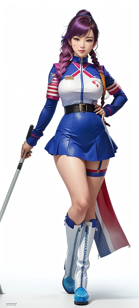 A woman dressed as a Color Guard poses with a flag, yayoi kasuma, Seifuku, A girl dressed in a sexy, blue, White braided boots, Charming Jill Valentine, Misato katsuragi, Ayaka Cosplay, High Quality Rendering, Advertising images, Faye Valentine, Promotional Rendering, Ultra-high resolution, fubuki, sakimichan, Full body close-up shot