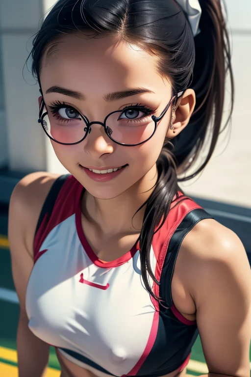 sports meetingの日、sports meeting、gallery、Students cheering、女子100 m競走、((highest quality:1.4、8k、32k、Hmph:1.3))、(An unparalleled masterpiece)、((Raw photo、realism:1.6))、Japanese girl、Outdoor,playground,Schoolyard,Schoolyard,(physical education:1.3),(Per class:1.3)Girl smiling at the camera、Dynamic Pose、(sports meetingの日、100 m走、running)、Dynamic Angle、School gym clothes、Bloomers、(Huge boobs:0.5、thin abdomen、The lower body is thin)、Ulzzang-6500-v1.1、age Girls、Ultra detailed face、Detailed eyes、Round face、Baby Face、Detailed Iris、double eyelid、(((Glasses、Long black hair、High up ponytail)))、Photon Mapping、Detailed skin texture、100 m,head to feet:1.5,