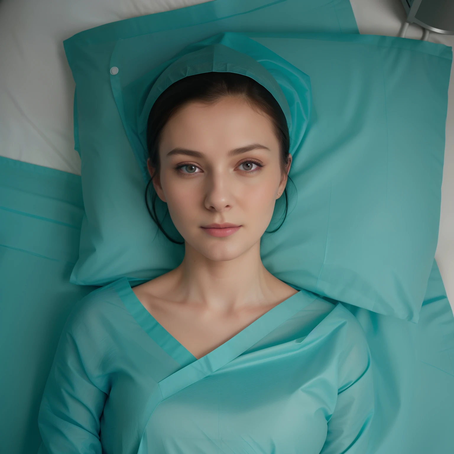 A Realistic Portrait, of an teenager girl (Audrey digital desire), Beautiful, detailed face, detailed eyes, (realistic skin:1.3), (pale skin:1.1), (textured skin:1.3), (()), big smile, (iphone photograph),), (artificial lighting:1.3),  looking at the camera, perfect slim body, amateur Photography, Photorealistic, Detailed, analog, poor quality, grainy, stopened long ultra-thin  teal nylon  patient gown, teal patient gown,  laying on operation table with teal surgical drapes under body, anesthesia machine with rubber hoses behind, wearing long closed teal nylon patient gown with high crew neck, short hair and ears fully covered by large vinyl shower cap, closed  long nylon patient gown  , frontal face closeup picture from above,  supine position, frontal wide angle , patient in supine position, dorsal position wide-spread (rectangular) arms , , , general anesthesia, , head resting on small pillow with teal cover, girl embedded in teal nylon drapes, all teal nylon sheets / drapes in the background, non-nude, realistic medical hsopital documentary style, large vinyl shower cap, shoulders and arms covered by patient gown
