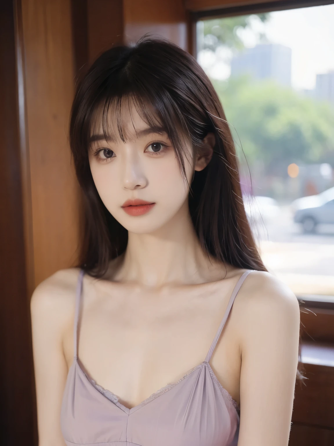Film Portrait Photography, 1 girl, Bare shoulders,Lipstick，Purple short sleeves，（Bra：1.4），Purple sunlight，（ Purple Hood：1.4），Shoulder-length straight hair, serene, calm, (逼真且Detailed眼睛, Natural skin texture, Realistic facial details), Soft dramatic lighting, Depth of Field, Bokeh, Vivid details, Detailed, Surrealism, 35 mm film, hazy, ,