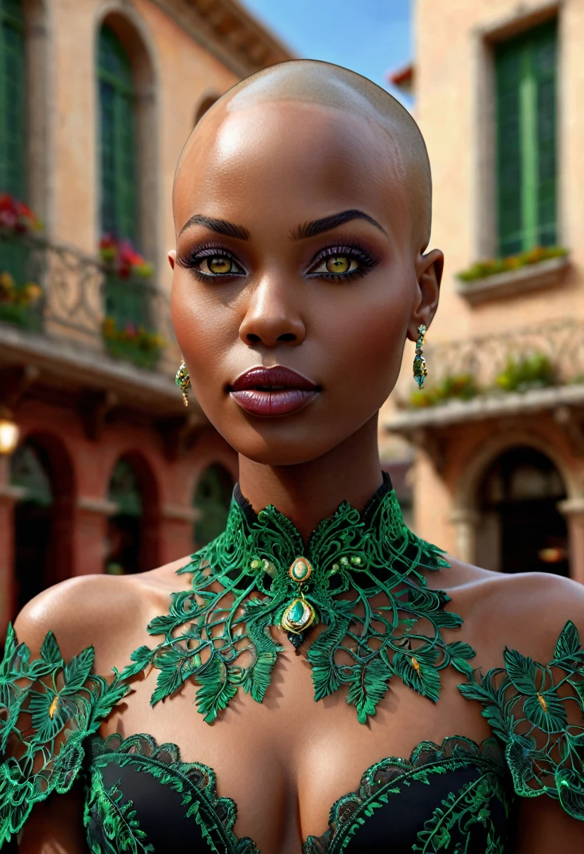 (((Femme noir africaine chauve, Bare head, bald head, peau couleur ébène noir intense et profond, peau parfaite, bald head, femme chauve, crane parfait, en mouvement, marche, full body, intelligente, finely embroidered lace bustier))), ((best quality, extremely detailed:1.8, hyperRéaliste:1.5, photorealistic:1.5, grande profondeur de champ, vue de face, very beautiful 35 year old woman, Prise de vue en direct, robe tailleur de directrice)), ((femme debout, she has a serious pose, bustier, dentelles fines et délicates)), ((detailed black bald african woman face looking at camera, yeux verts claire électrique, cheffe d'entreprise, bald head)), (photorealistic), sharp eyes, poitrine push-up, very thin waist, jambes longues, longues jambes, fine and detailed hands, femme charismatique, charisme, charismatique, sparkling eyes, cheffe d’entreprise, engineer, intelligente, directrice, scientifique, green lips