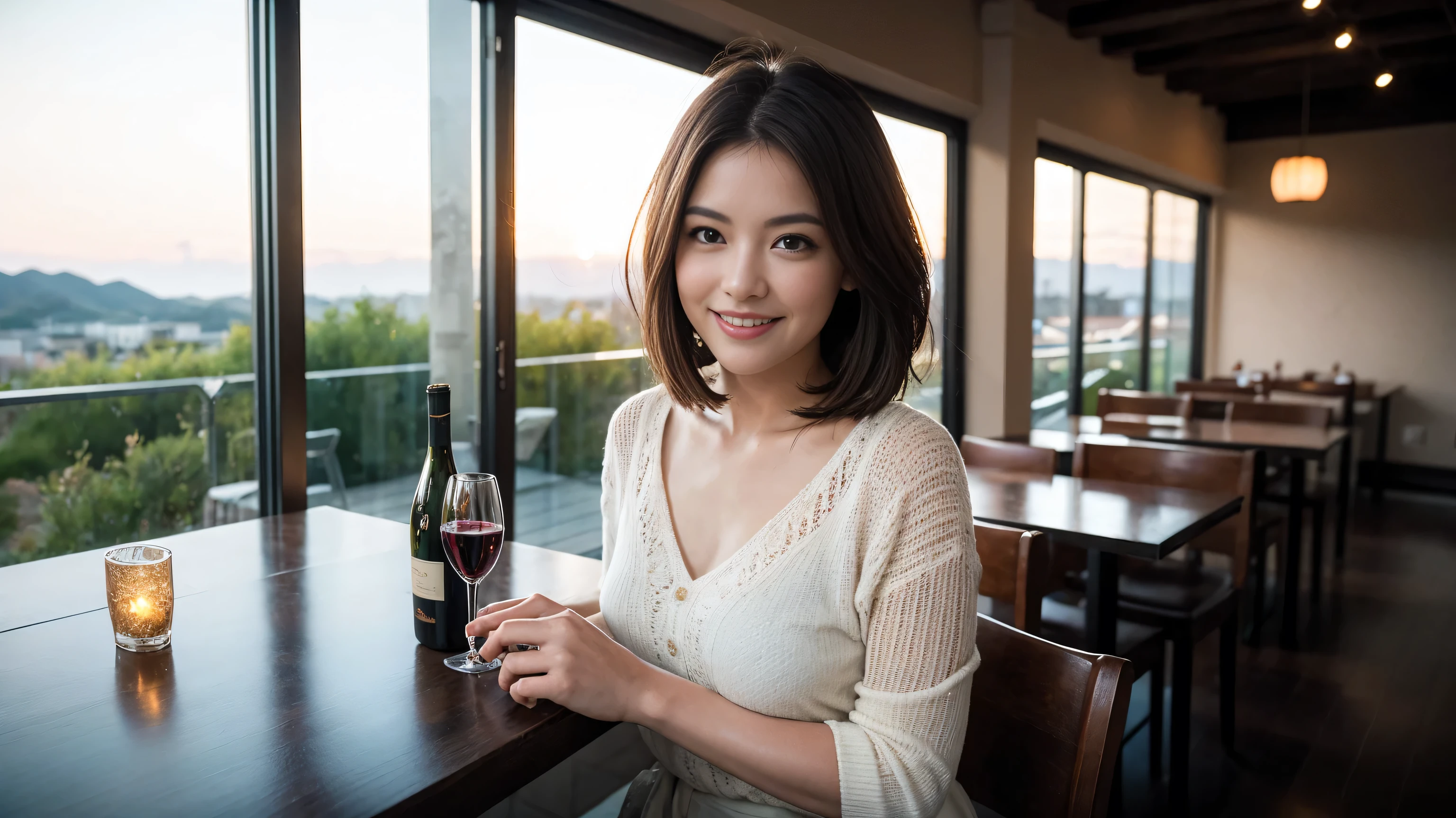 ((highest quality、8k、masterpiece:1.3))、Sharp focus:1.2、Beautiful woman perfect body:1.4、Slim body、((Bob Hale、Straight hair:1.2))、(to be born, highest quality, masterpiece:1.5), (Realistic, Intricate details:1.2), Ultra-high resolution, Put the light on your face、Amazing view of the sunset sky and clouds、Amazing mountain views、A bright smile、wine glass、red wine 、Appetizers、Italian food、Wine bottle、Champagne、sparkling wine、, Beautiful Face, blue eyes, The light shines on your face, Blushing, short hair,Bright Face、Fox face、 (42 years old), 40 years old, Lady、Two beauties、Brown Hair、Shortcuts、Long sleeve shirt、dress、Pretty Woman 1, (Slim face), (The body is slim), (Brown Hair), (Shortcuts), cheeks turn a little red,Attractive beauty、, Out of the window, A beautiful and detailed night view unfolds.........., restaurant, In a prominent place (From the waist up) Nova Frog Style, actress, model, Upper Body, White wine, slim, wine glass, Wine glass placed in the center, smile, (smile: 1.15), Beautiful fine grain, Depth f/2,saturation, High Contrast, Strong light and shadow,Moist Body:1.5、3D texture、Delicate eyes、Brown Hair、The hair is very shiny、