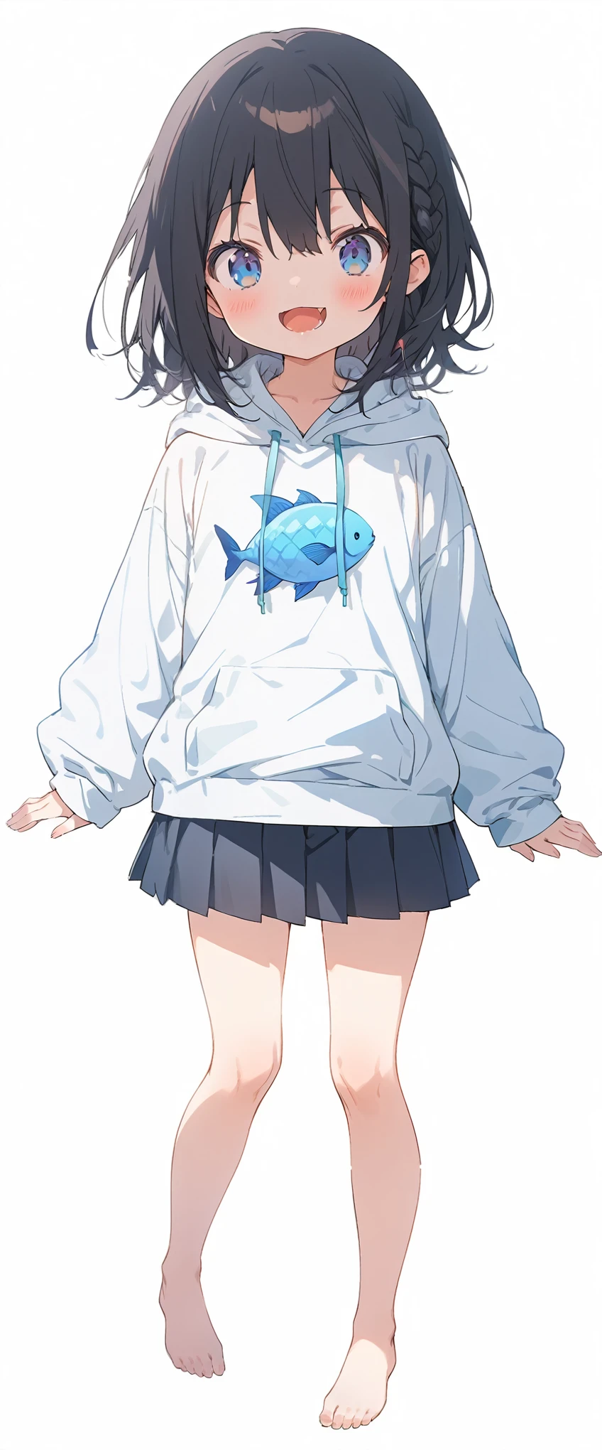 White background、Solid white background、Blank background、just standing girl, only one girl、Full body shot from the front,Ultra-high resolution, highest quality,fish-bone braid hair、Fishbone Hair、Flat Chest、beautiful detailed eyes、black hair、Black hair × Blue eyes、blue eyes、Open your mouth without showing your teeth、Smile with mouth wide open、Plain white hoodie、Black pleated skirt、barefoot