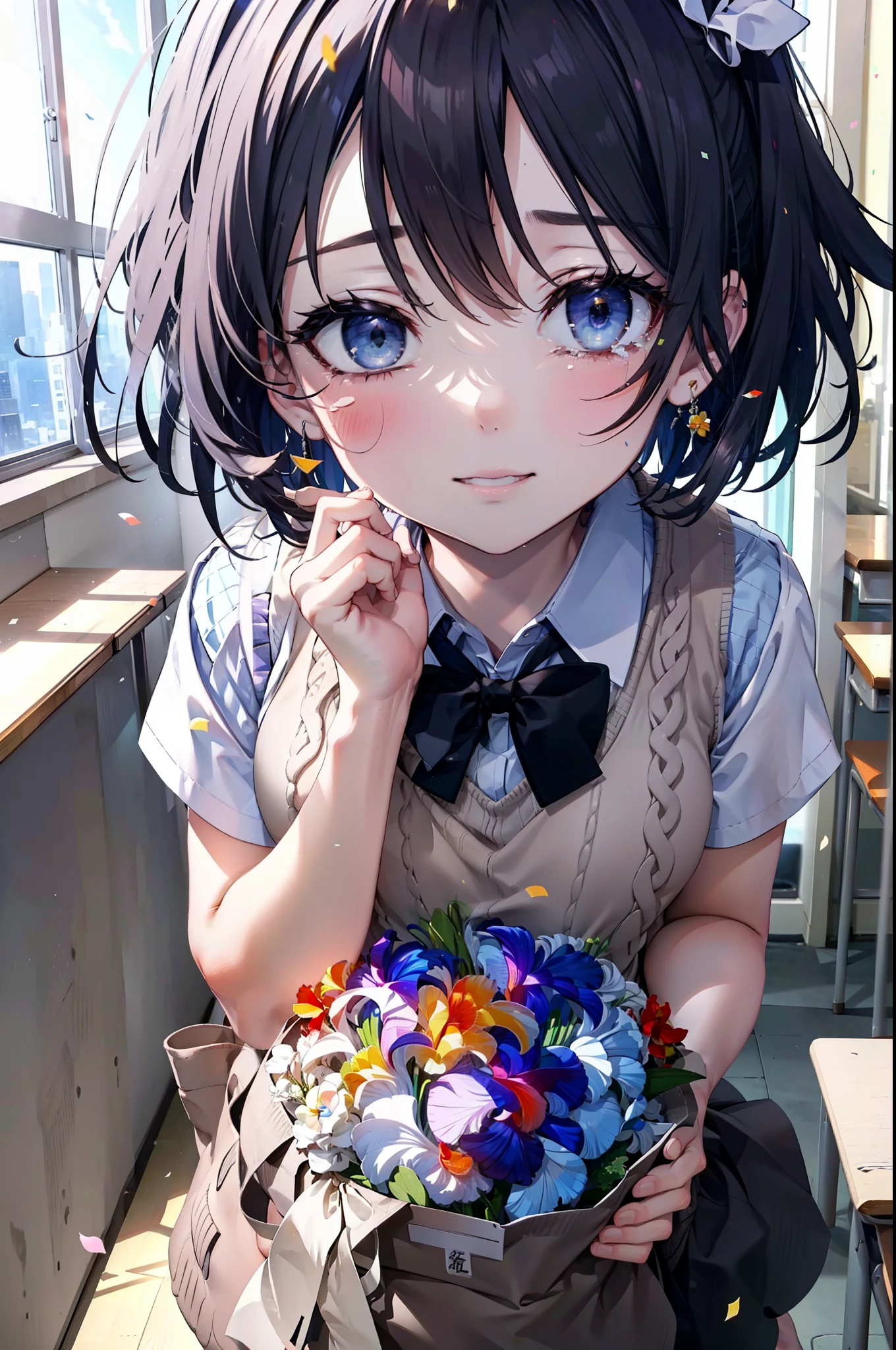 yuukikonno, Yuki Konno,Black Hair,short hair,Bob Hair ,Green headband,(iris:1.5), (Small breasts:1.2), smile,break skirt, shirt, bow, ribbon, , white shirt, Short sleeve, Pleated skirt, collared shirt, mini skirt, bowtie, 茶色のloafers , Black Skirt, Black Pantyhose, loafers, black bow, Sweater vest, (back Sweater vest:1.5),Tears stream down her face,Tears of joy,I cry a lot,whole bodyがイラストに入るように,holding a large bouquet of flowers in both hands,Confetti,
break indoors, School,classroom,
break looking at viewer, whole body,
break (masterpiece:1.2), highest quality, High resolution, unity 8k wallpaper, (shape:0.8), (Beautiful details:1.6), Highly detailed face, Perfect lighting, Highly detailed CG, (Perfect hands, Perfect Anatomy),