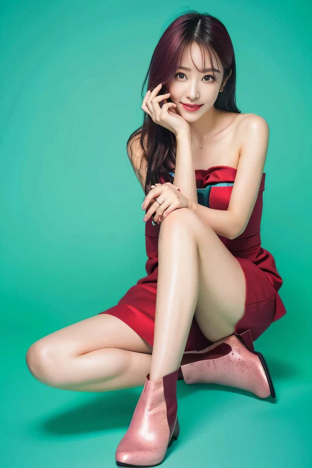 (Best quality, 8k, 32k, Masterpiece), 35mm lens,f/1.8, (full body:1.5), (Vibrant color saturation:0.35),  looking at viewer,
solo, a beautiful A japanse woman, beautiful eyes,bright pupils,smile,delicate face,detailed skin, Perm pink Hair, normal beautiful finger proportions,  medium breasts, wearing Sweetheart-Neck Midaxi mini Dress, fashionable half boots,Sit on the floor with legs crossed