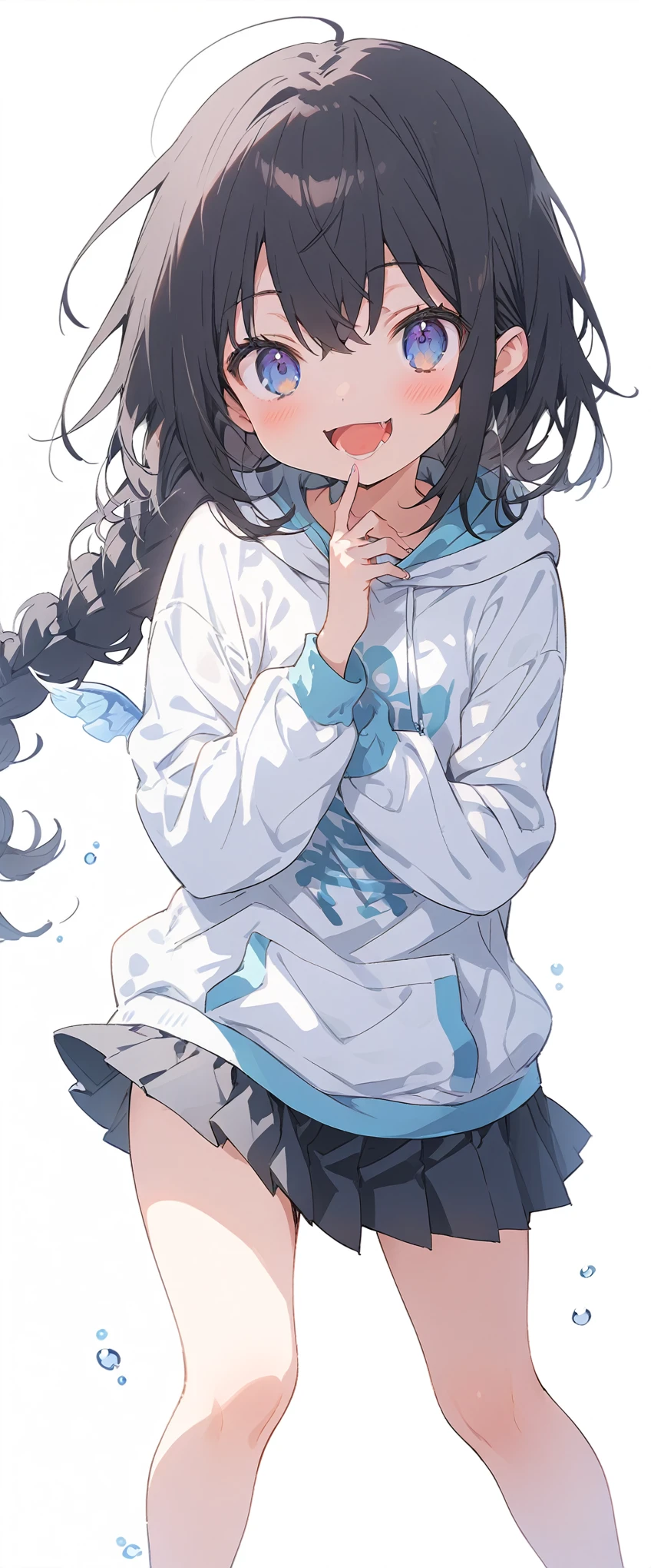 White background、Solid white background、Blank background、just standing girl, only one girl、Full body shot from the front,Ultra-high resolution, highest quality,fish-bone braid hair、Fishbone Hair、Flat Chest、beautiful detailed eyes、black hair、Black hair × Blue eyes、blue eyes、Open your mouth without showing your teeth、Smile with mouth wide open、Plain white hoodie、Black pleated skirt、barefoot