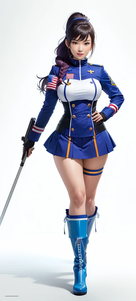 A woman dressed as a Color Guard poses with a flag, yayoi kasuma, Seifuku, A girl dressed in a sexy, blue, White braided boots, Charming Jill Valentine, Misato katsuragi, Ayaka Cosplay, High Quality Rendering, Advertising images, Faye Valentine, Promotional Rendering, Ultra-high resolution, fubuki, sakimichan, Full body close-up shot