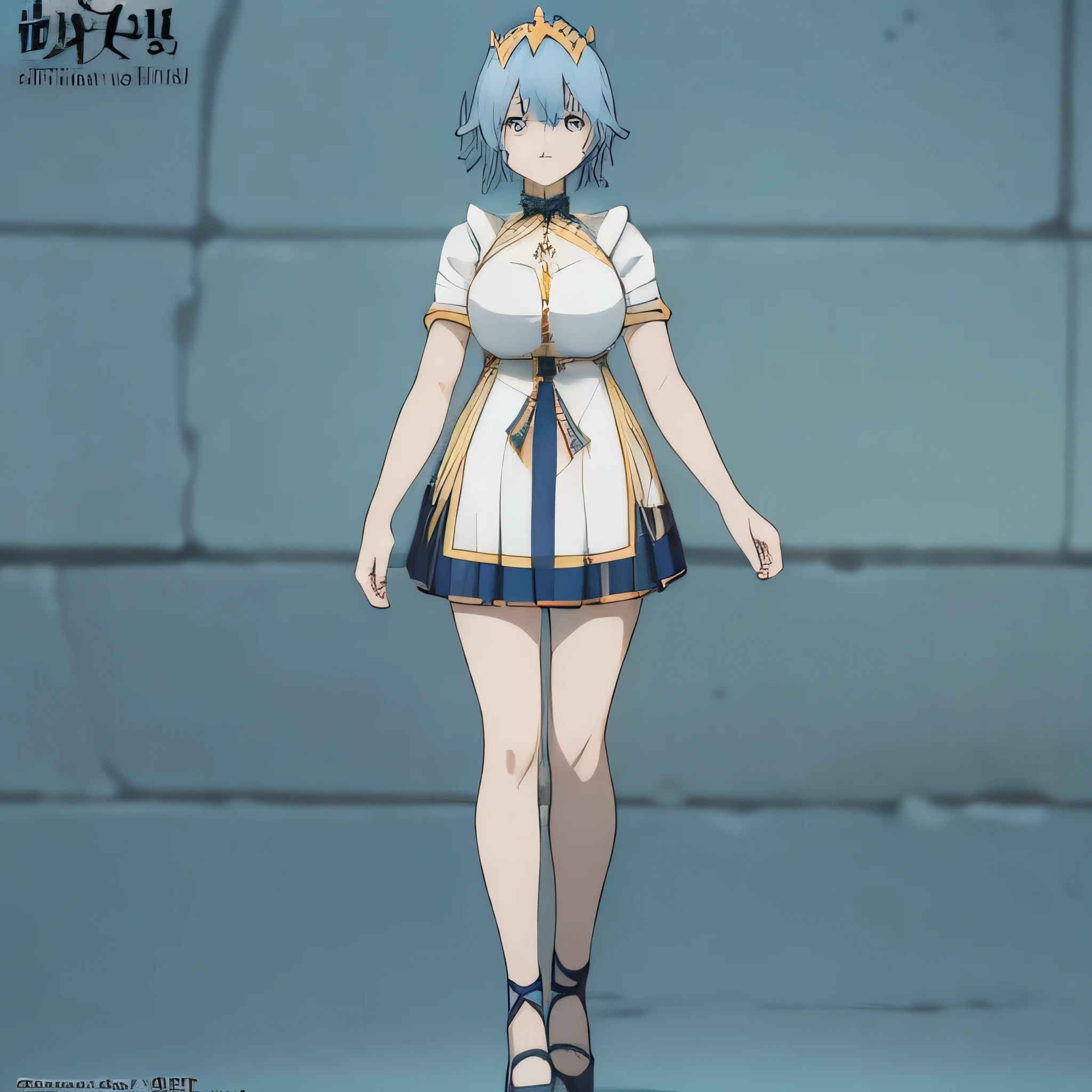 All images must be full body,Anime girl with blue hair and a star crown on her head,Original character sheet,ultra-detailed,beautiful eyes,best quality,master piece,high resolution,Pose Model Sheet,Front view,Big Breasts,Full body view,There must be one image,Are standing,Live2D Virtual Youtuber Model,Anime VTuber full body model 8k,high quality, High resolution,4K,hd,(Well designed face),Great face,(Very detailed), Beautiful Eyes,