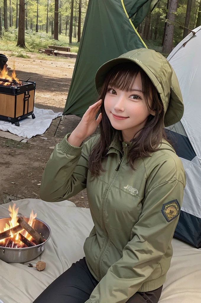 masterpiece, High Resolution, girl,There is a bonfire, Outdoor Clothing, (A woman who loves traveling), forest, wood, mount, tent, picnic, adventure ,smile,Solo Camping