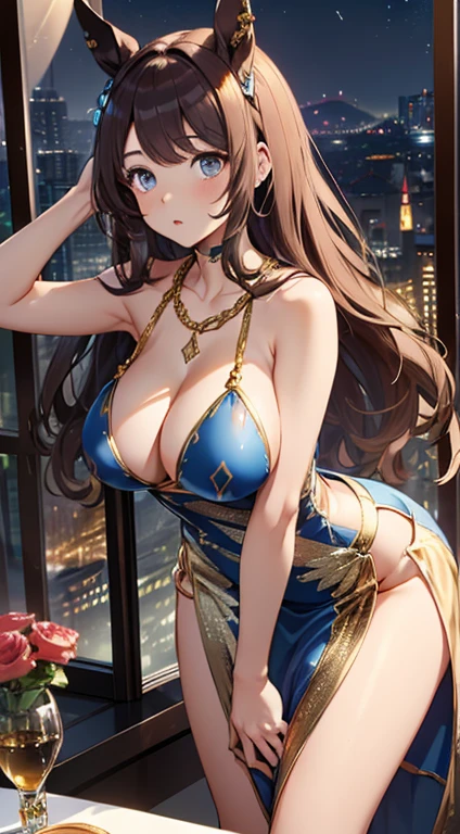 top-quality、Top image quality、tosen jordan \(umamusume\)、masterpiece、girl with((20yr old、Best Bust、big bast、Bust 85、Breasts wide open、A slender、Large valleys、Gold Bikini、Gold Dress,Leaning forward、Reflecting the whole body))hiquality、Beautiful Art、Background with((Luxury Hotels、Golden Chain、Window with night view)))masutepiece、visualart、depth of fields、
