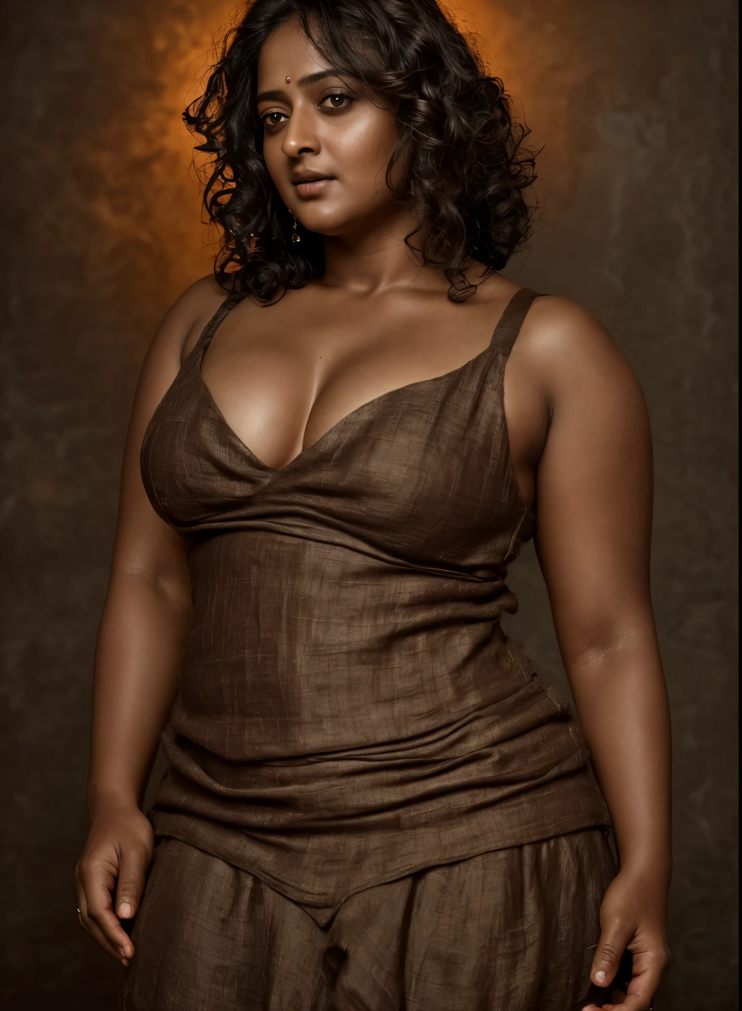 Looks like Anushka Shetty, a photo portrait of a beautiful girl 40 years old, with curls, styled black hair, (face portrait:1.5), dramatic light, Rembrandt lighting scheme, bust shot, linen tank top , top quality editorial photograph, skin texture, skin pores, chocolate skin, high quality skin, top quality photography, professional photography, professional retouching, insane detailing, warm moody tones,