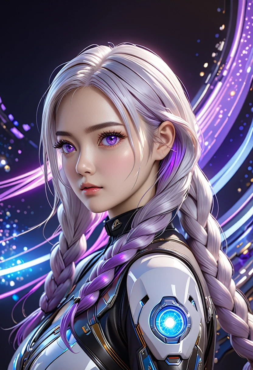 detailed portrait of two secret agent lovers, (man and woman standing standing side by side looking at the viewer), yinji, purple hair, purple eyes, long hair, white hair, double braids, gradient hair, highly detailed, intricate machinery, glossy metal skin, glowing blue lights, complex circuitry, futuristic technology, edge light, dramatic lighting, beautiful starry background, octane rendering, cool, personality, brave, realistic 3D render, cinematic composition, award winning digital art, best quality, masterpiece, illustrations, very exquisite and beautiful, very detailed, CG, unity, wallpaper, stunning, exquisite details