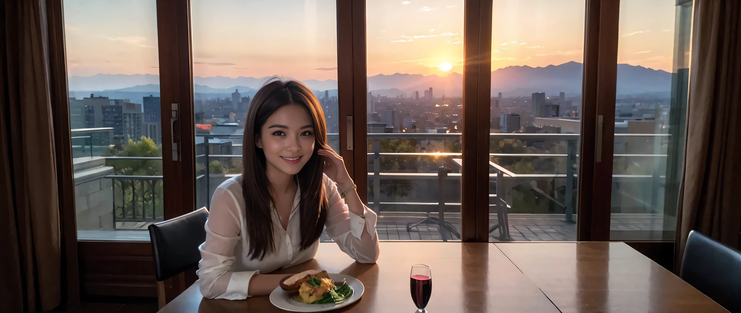 ((highest quality、8k、masterpiece:1.3))、Sharp focus:1.2、Beautiful woman perfect body:1.4、Slim body、((Bob Hale、Straight hair:1.2))、(to be born, highest quality, masterpiece:1.5), (Realistic, Intricate details:1.2), Ultra-high resolution, Put the light on your face、Amazing view of the sunset sky and clouds、Amazing mountain views、A bright smile、wine glass、red wine 、Appetizers、Italian food、Wine bottle、Champagne、sparkling wine、, Beautiful Face, blue eyes, The light shines on your face, Blushing, short hair,Bright Face、Fox face、 (42 years old), 40 years old, Lady、Two beauties、Brown Hair、Shortcuts、Long sleeve shirt、dress、Pretty Woman 1, (Slim face), (The body is slim), (Brown Hair), (Shortcuts), cheeks turn a little red,Attractive beauty、, Out of the window, A beautiful and detailed night view unfolds.........., restaurant, In a prominent place (From the waist up) Nova Frog Style, actress, model, Upper Body, White wine, slim, wine glass, Wine glass placed in the center, smile, (smile: 1.15), Beautiful fine grain, Depth f/2,saturation, High Contrast, Strong light and shadow,Moist Body:1.5、3D texture、Delicate eyes、Brown Hair、The hair is very shiny、
