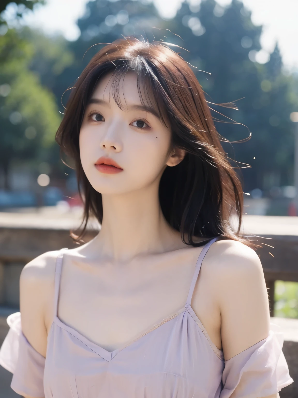 Film Portrait Photography, 1 girl, Bare shoulders,Lipstick，Purple short sleeves，（Bra：1.4），Purple sunlight，（ Purple Hood：1.4），Shoulder-length straight hair, serene, calm, (逼真且Detailed眼睛, Natural skin texture, Realistic facial details), Soft dramatic lighting, Depth of Field, Bokeh, Vivid details, Detailed, Surrealism, 35 mm film, hazy, ,