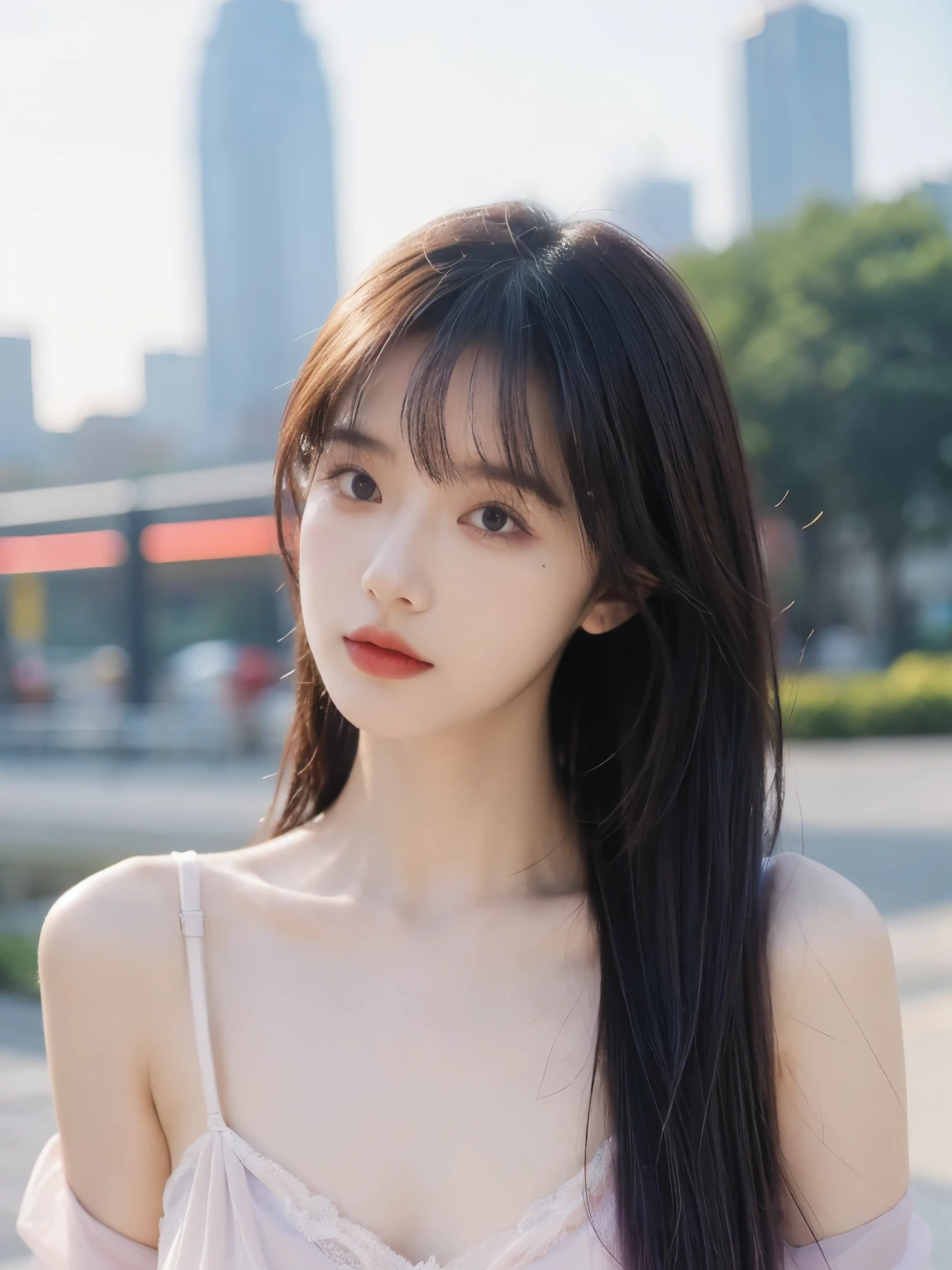 Film Portrait Photography, 1 girl, Bare shoulders,Lipstick,Purple short sleeves,(Bra:1.4),Purple sunlight,( Purple Hood:1.4),Shoulder-length straight hair, serene, calm, (逼真且Detailed眼睛, Natural skin texture, Realistic facial details), Soft dramatic lighting, Depth of Field, Bokeh, Vivid details, Detailed, Surrealism, 35 mm film, hazy, ,