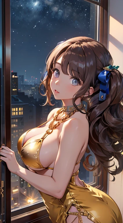 top-quality、Top image quality、tosen jordan \(umamusume\)、​masterpiece、girl with((20yr old、Best Bust、big bast、Bust 85、Breasts wide open、A slender、Large valleys、Gold Bikini、Gold Dress,Leaning forward、Reflecting the whole body)）hiquality、Beautiful Art、Background with((Luxury Hotels、Golden Chain、Window with night view)))masutepiece、visualart、depth of fields、