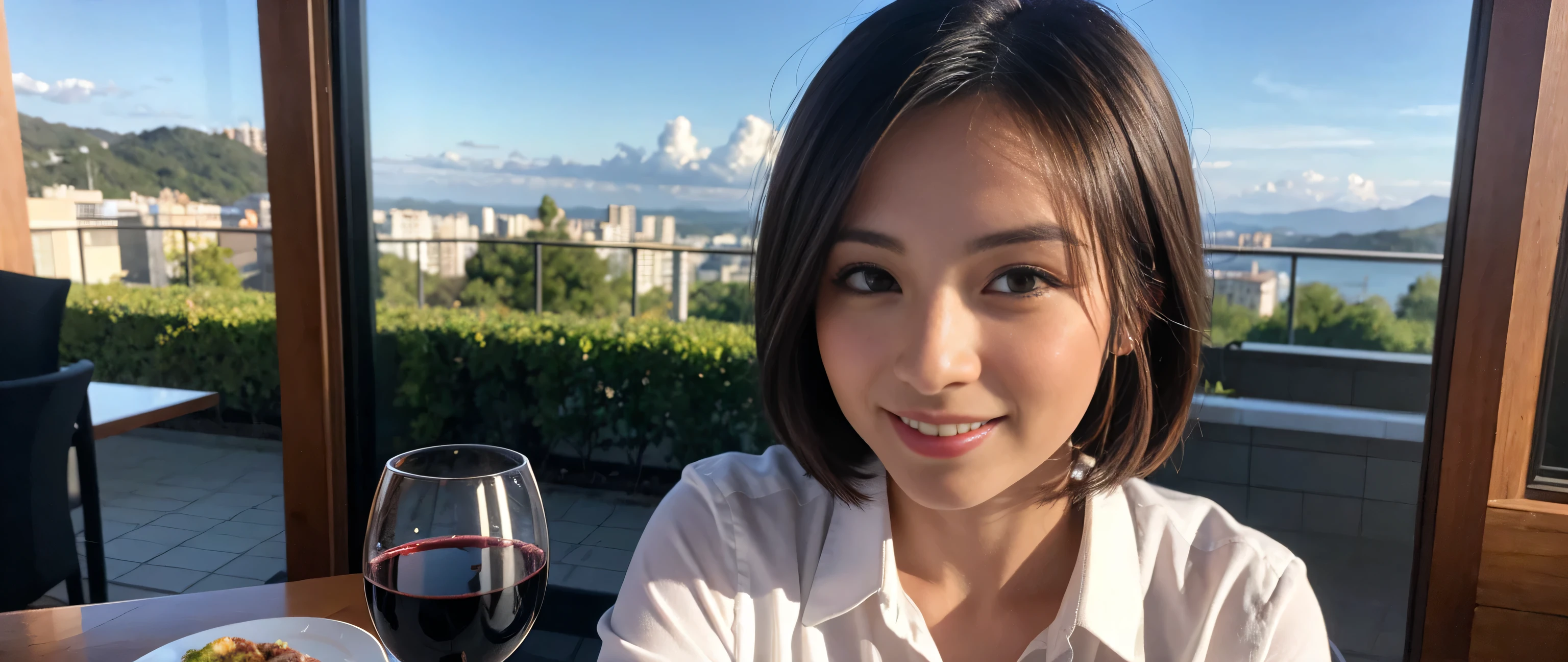 ((highest quality、8k、masterpiece:1.3))、Sharp focus:1.2、Beautiful woman perfect body:1.4、Slim body、((Bob Hale、Straight hair:1.2))、(to be born, highest quality, masterpiece:1.5), (Realistic, Intricate details:1.2), Ultra-high resolution, Put the light on your face、Amazing view of the sunset sky and clouds、Amazing mountain views、A bright smile、wine glass、red wine 、Appetizers、Italian food、Wine bottle、Champagne、sparkling wine、, Beautiful Face, blue eyes, The light shines on your face, Blushing, short hair,Bright Face、Fox face、 (42 years old), 40 years old, Lady、Two beauties、Brown Hair、Shortcuts、Long sleeve shirt、dress、Pretty Woman 1, (Slim face), (The body is slim), (Brown Hair), (Shortcuts), cheeks turn a little red,Attractive beauty、, Out of the window, A beautiful and detailed night view unfolds.........., restaurant, In a prominent place (From the waist up) Nova Frog Style, actress, model, Upper Body, White wine, slim, wine glass, Wine glass placed in the center, smile, (smile: 1.15), Beautiful fine grain, Depth f/2,saturation, High Contrast, Strong light and shadow,Moist Body:1.5、3D texture、Delicate eyes、Brown Hair、The hair is very shiny、