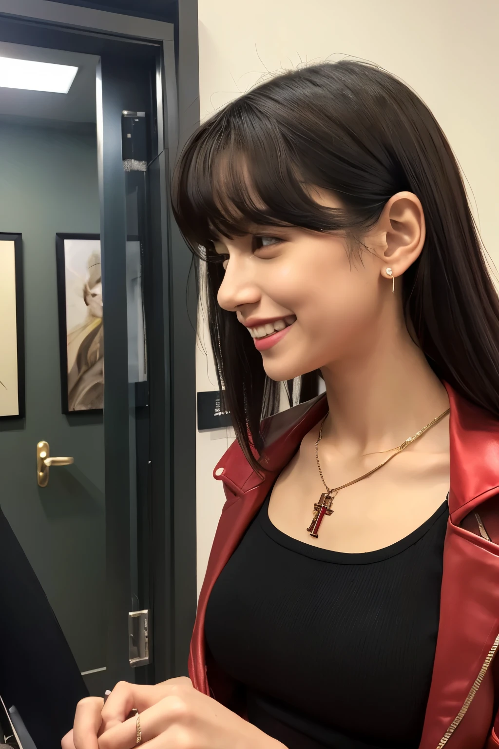 1 Female, clothing: black bodycon,Mid-breasted、 Short tight black dress, (((Brown eyes))), Purple Hair, Medium Hair, Laughter, Cross Necklace, expensive, The body is slim, (Hmph), (((Misato katsuragi))), Nerve、Operation and control room, (((Front view))), View Viewer, Perfectly detailed face, Detailed hands and fingers, Masterpiece 1.1, Trending on Art Station, pixiv quality, (((Fine art:jaw))), Exquisitely crafted, Ultra Graphics, sfw version, (((Mature 1.1))), clothing: Jacker, Red jacket, Symmetrical face、
