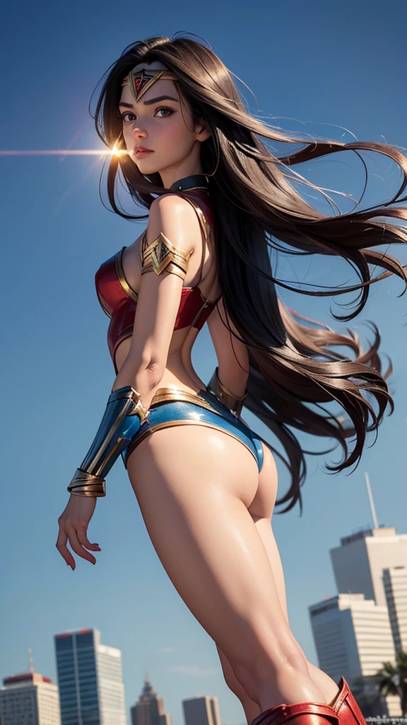 Wonder woman sobrevolando la ciudad, semidesnuda, small and spectacular sexy iconic costume with cape, logo de wonder woman en la capa, very sexy small clothes, ornate golden wristbands, botas rojas con dorado adornadas, en la mano ella tiene su lazo de la verdad brillante y radiante, el viento levanta su capa, joven, cuerpo muy delgado, super skynny body, small and beautiful buttocks, abdomen tonificado, I can see her beautiful and perfect small breasts, escote amplio, piernas hermosas, manos perfectas, intelligent, heroic, light particles surround your body, poder resplandeciente, obscena, super powerful, sensual, ella esta volando y observa la ciudad desde el cielo, metropolis city, se observa la luna grande en el fondo,mirada sensual, ojos hermosos,long hair, classic hairstyle,Hair dyed in bright black color, Best quality,8K,A high resolution,Masterpiece,Ultra detailed,Realistic, Photorealistic,photo realistic