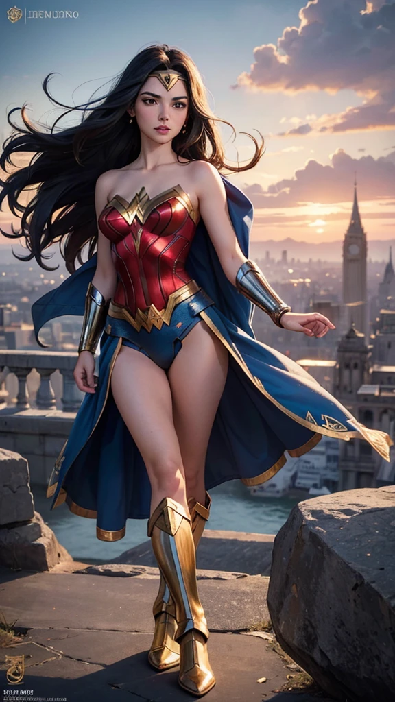 Wonder woman sobrevolando la ciudad, semidesnuda, small and spectacular sexy iconic costume with cape, logo de wonder woman en la capa, very sexy small clothes, ornate golden wristbands, botas rojas con dorado adornadas, en la mano ella tiene su lazo de la verdad brillante y radiante, el viento levanta su capa, joven, cuerpo muy delgado, super skynny body, small and beautiful buttocks, abdomen tonificado, I can see her beautiful and perfect small breasts, escote amplio, piernas hermosas, manos perfectas, intelligent, heroic, light particles surround your body, poder resplandeciente, obscena, super powerful, sensual, ella esta volando y observa la ciudad desde el cielo, metropolis city, se observa la luna grande en el fondo,mirada sensual, ojos hermosos,long hair, classic hairstyle,Hair dyed in bright black color, Best quality,8K,A high resolution,Masterpiece,Ultra detailed,Realistic, Photorealistic,photo realistic