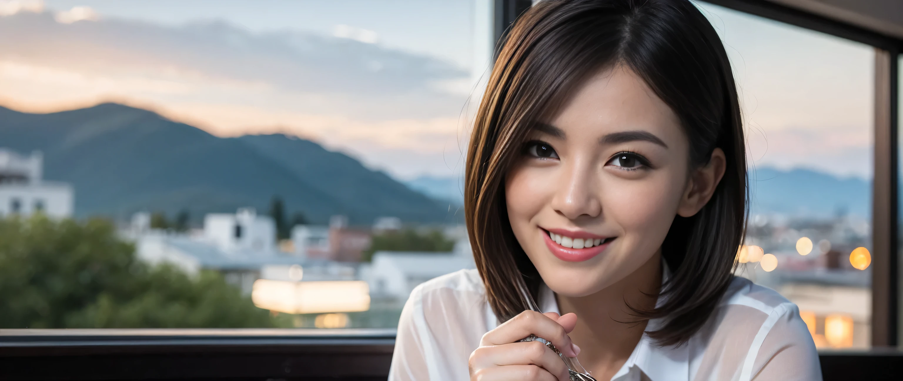 ((highest quality、8k、masterpiece:1.3))、Sharp focus:1.2、Beautiful woman perfect body:1.4、Slim body、((Bob Hale、Straight hair:1.2))、(to be born, highest quality, masterpiece:1.5), (Realistic, Intricate details:1.2), Ultra-high resolution, Put the light on your face、Amazing view of the sunset sky and clouds、Amazing mountain views、A bright smile、wine glass、red wine 、Appetizers、Italian food、Wine bottle、Champagne、sparkling wine、, Beautiful Face, blue eyes, The light shines on your face, Blushing, short hair,Bright Face、Fox face、 (42 years old), 40 years old, Lady、Two beauties、Brown Hair、Shortcuts、Long sleeve shirt、dress、Pretty Woman 1, (Slim face), (The body is slim), (Brown Hair), (Shortcuts), cheeks turn a little red,Attractive beauty、, Out of the window, A beautiful and detailed night view unfolds.........., restaurant, In a prominent place (From the waist up) Nova Frog Style, actress, model, Upper Body, White wine, slim, wine glass, Wine glass placed in the center, smile, (smile: 1.15), Beautiful fine grain, Depth f/2,saturation, High Contrast, Strong light and shadow,Moist Body:1.5、3D texture、Delicate eyes、Brown Hair、The hair is very shiny、